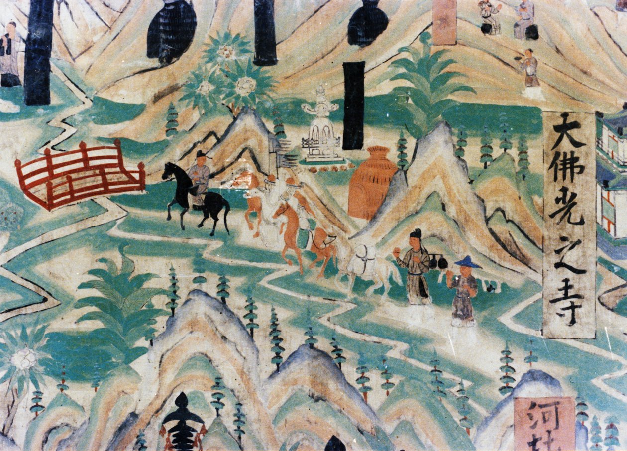 Részlet a Wutai-hegy (Wutaishan) térképéről, az öt dinasztia (907-960) idején a Dunhuang-barlangokban készült falfestményről, amely egy úton utazó zarándokokat ábrázol. alkotó: Unknown