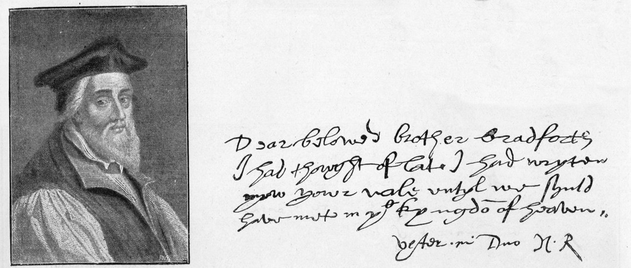 Ridley püspök kézírása és aláírása egy levélből, amelyet John Bradford vigasztalására írt röviddel halála előtt, 1555-ben alkotó: Unknown