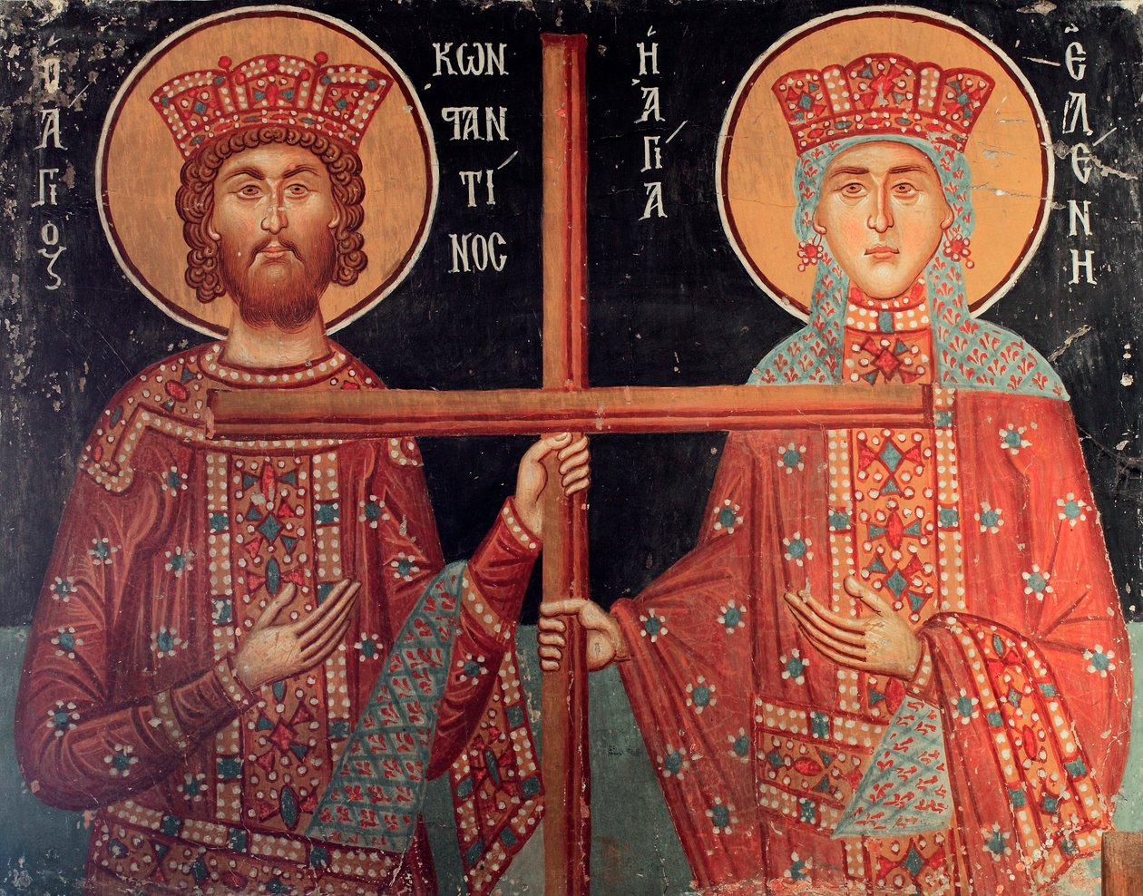 A bizánci freskó a 15. századból Konstantin császár és anyja Heléna falfestmény Mihály arkangyal templom Pedoulasban Ciprus Festett templomok UNESCO-hely Troodos, Ciprus alkotó: Unknown