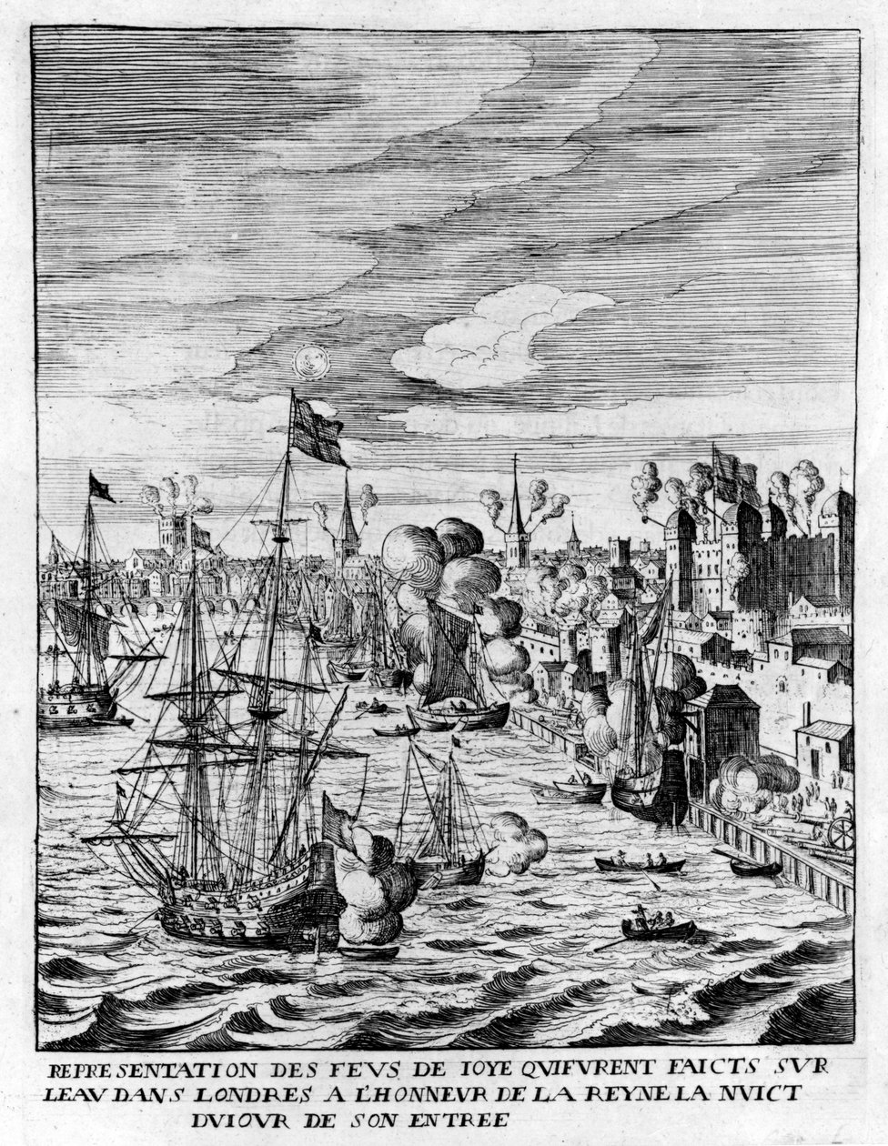 Tüzek meggyújtása a londoni Towerben és ágyútűz Marie de Medici királynő érkezése tiszteletére, illusztrációja Jean Puget de „Histoire de Entrée de la Reyne Mère dans la Grande Brétaigne” című könyvéből alkotó: English School