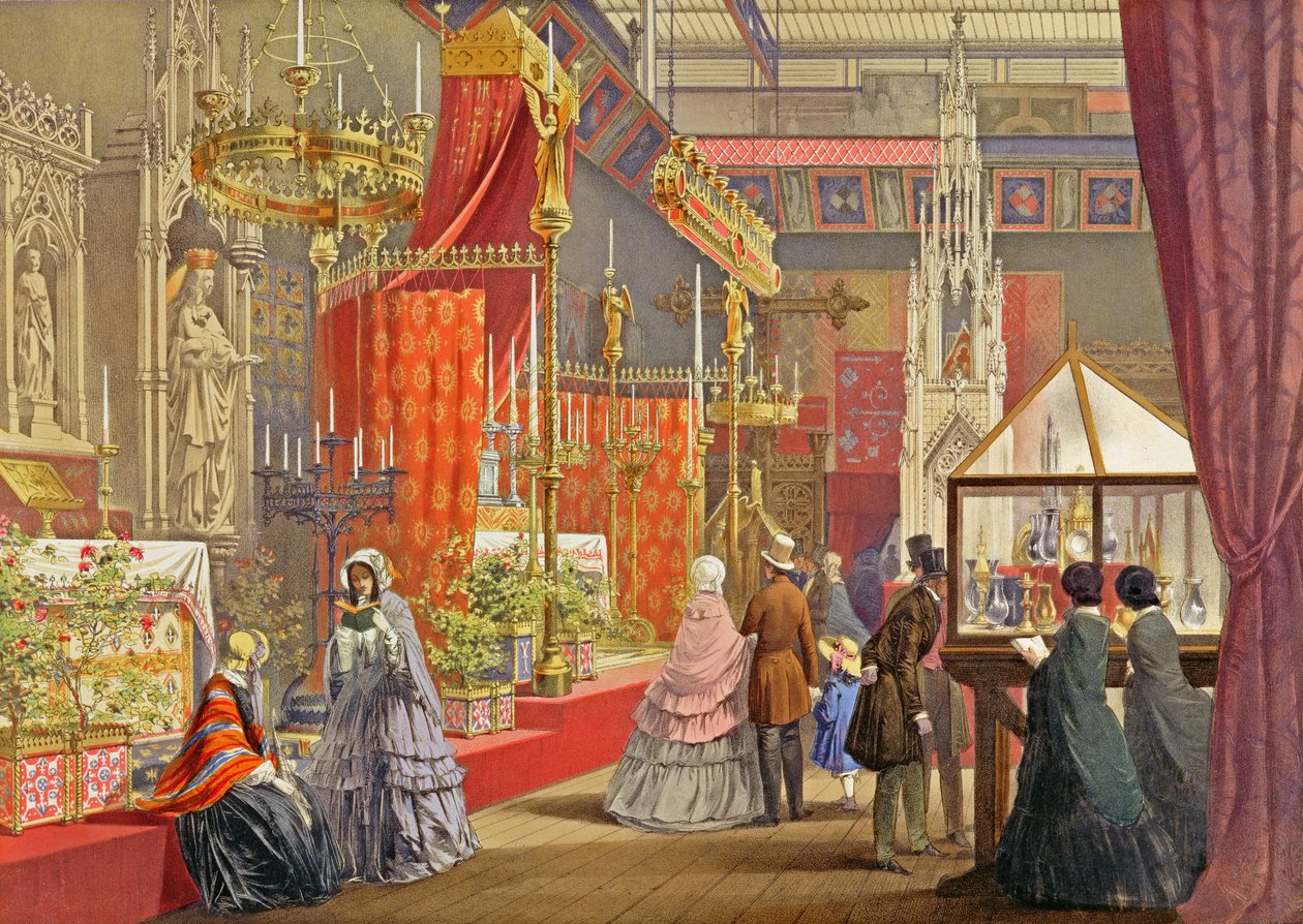 Középkori udvar, Pugin tervezte, 40. tábla a „Dickinsons” Comprehensive Pictures of the Great Exhibition of 1851-ből...”, a Dickinson Brothers kiadásában, 1854 (kézzel színezett litó) (lásd: 6245) alkotó: English School