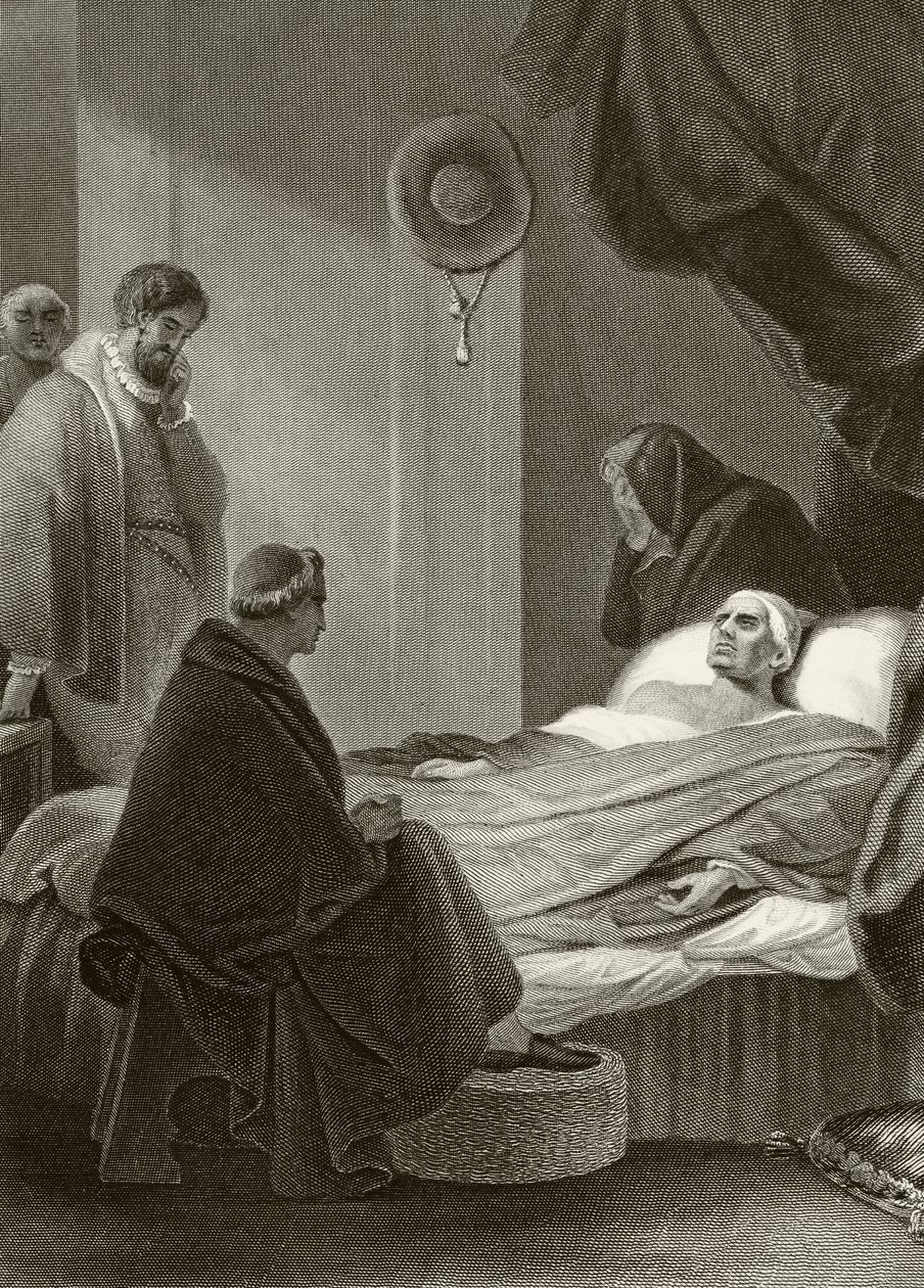 Wolsey bíboros halála a Leicesteri apátságban, 1530. november 29-én William Hickman Smith Aubrey (1858-1916) „Anglia nemzeti és hazai története” című művéből, Londonban, 1890 körül. alkotó: English School