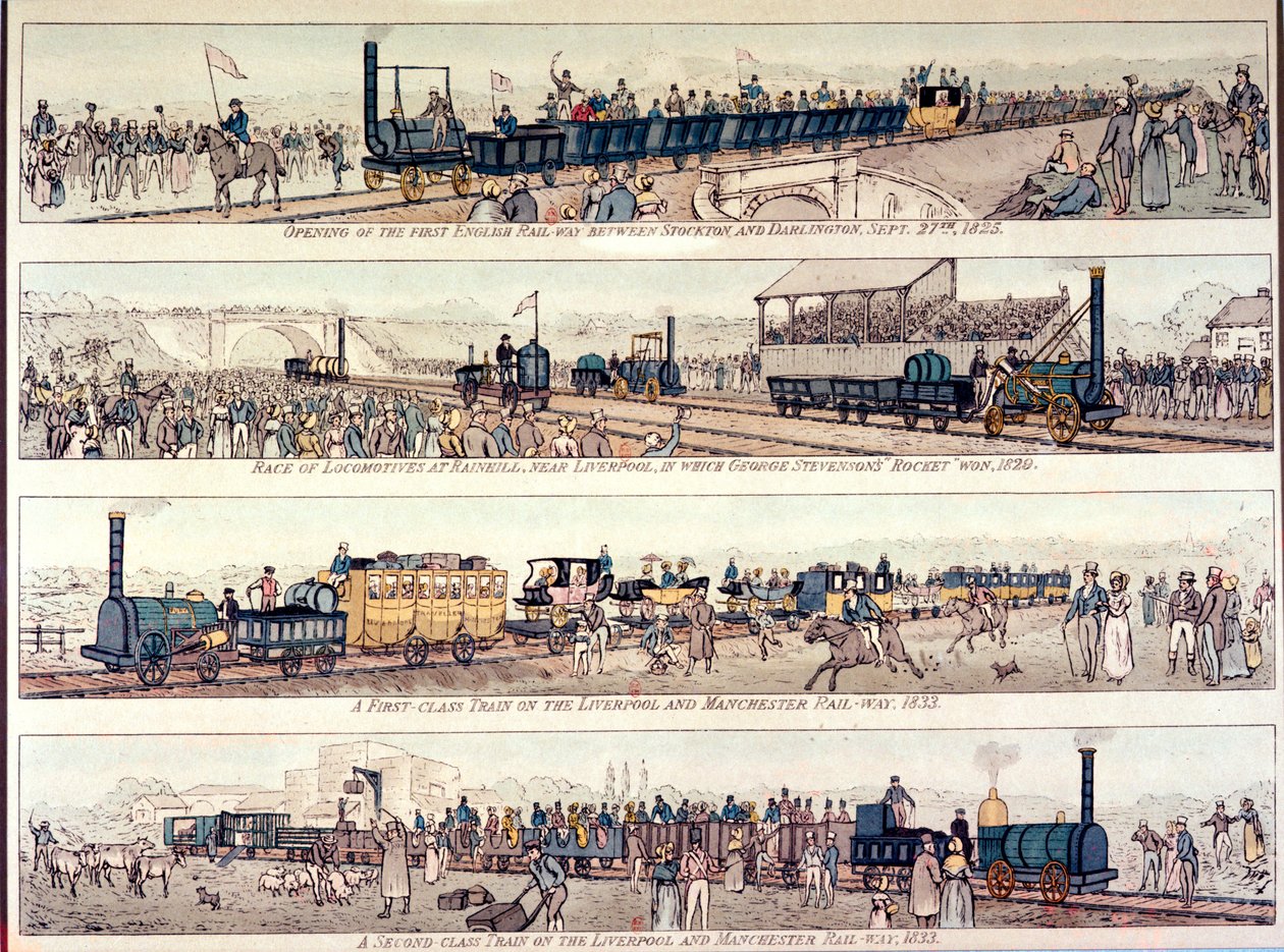 A stocktoni és darlingtoni vasút megnyitása, 1825; Mozdonyverseny Rainhillben, Liverpool közelében, George Stephenson „Rocket”-je nyert, 1829; első osztályú vonat a Liverpoolon és a Manchester R-en alkotó: English School