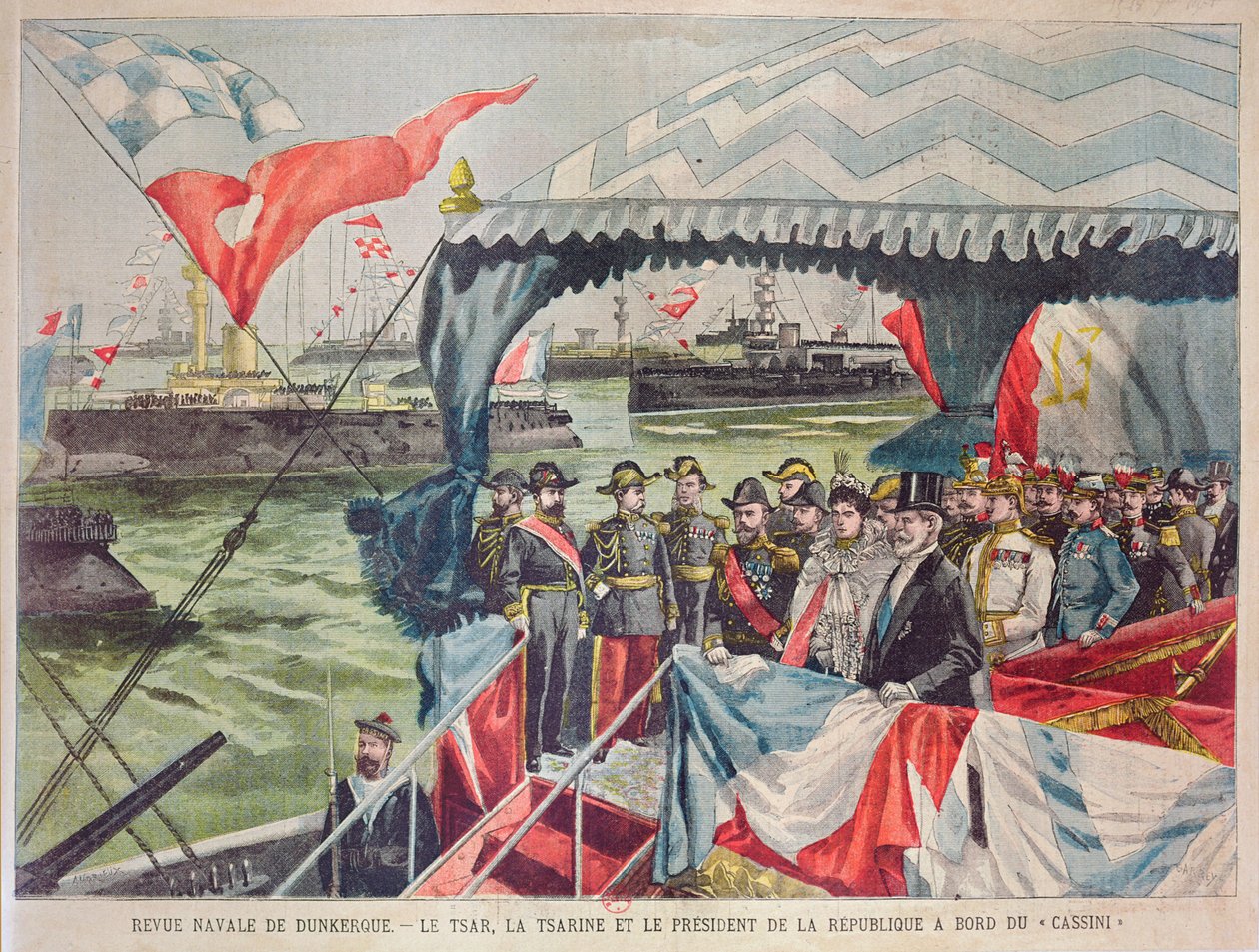 Haditengerészeti szemle Dunkerque-ben: II. Miklós cár feleségével, Alexandra cárnővel, Loubet elnökkel a „Cassini” torpedóágyús csónak fedélzetén, illusztráció a „Le Petit Parisien” című könyvből, 1901. szeptember 22. (colou alkotó: Carrey