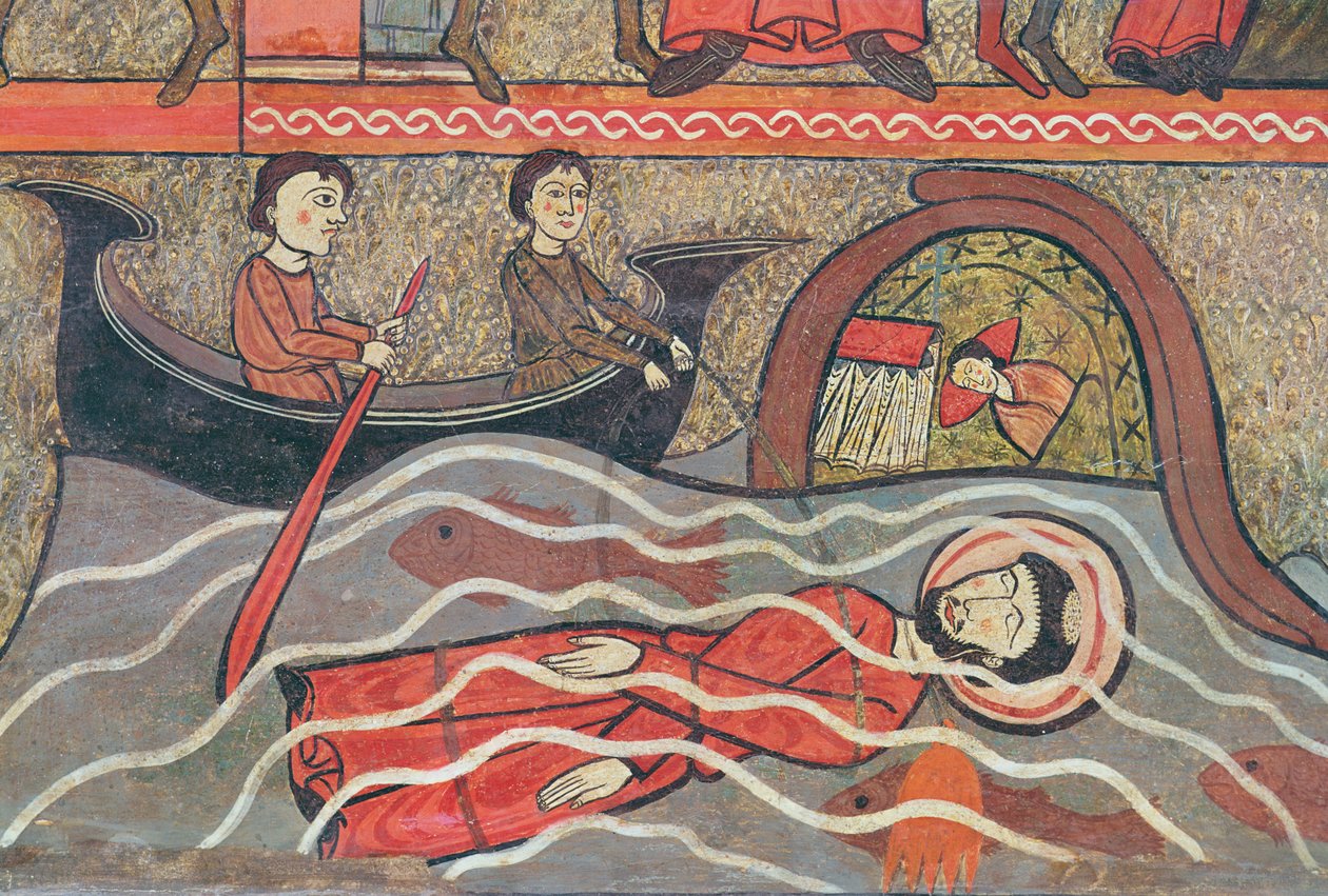 Szent Kelemen mártíromsága, részlet egy oltárfrontról Szent Kelemen életének jeleneteivel, a Sant Climent de Taüll templomból, Vall de Boi, Alta Ribagorça, 13. század 2. fele (tempe alkotó: Catalan School