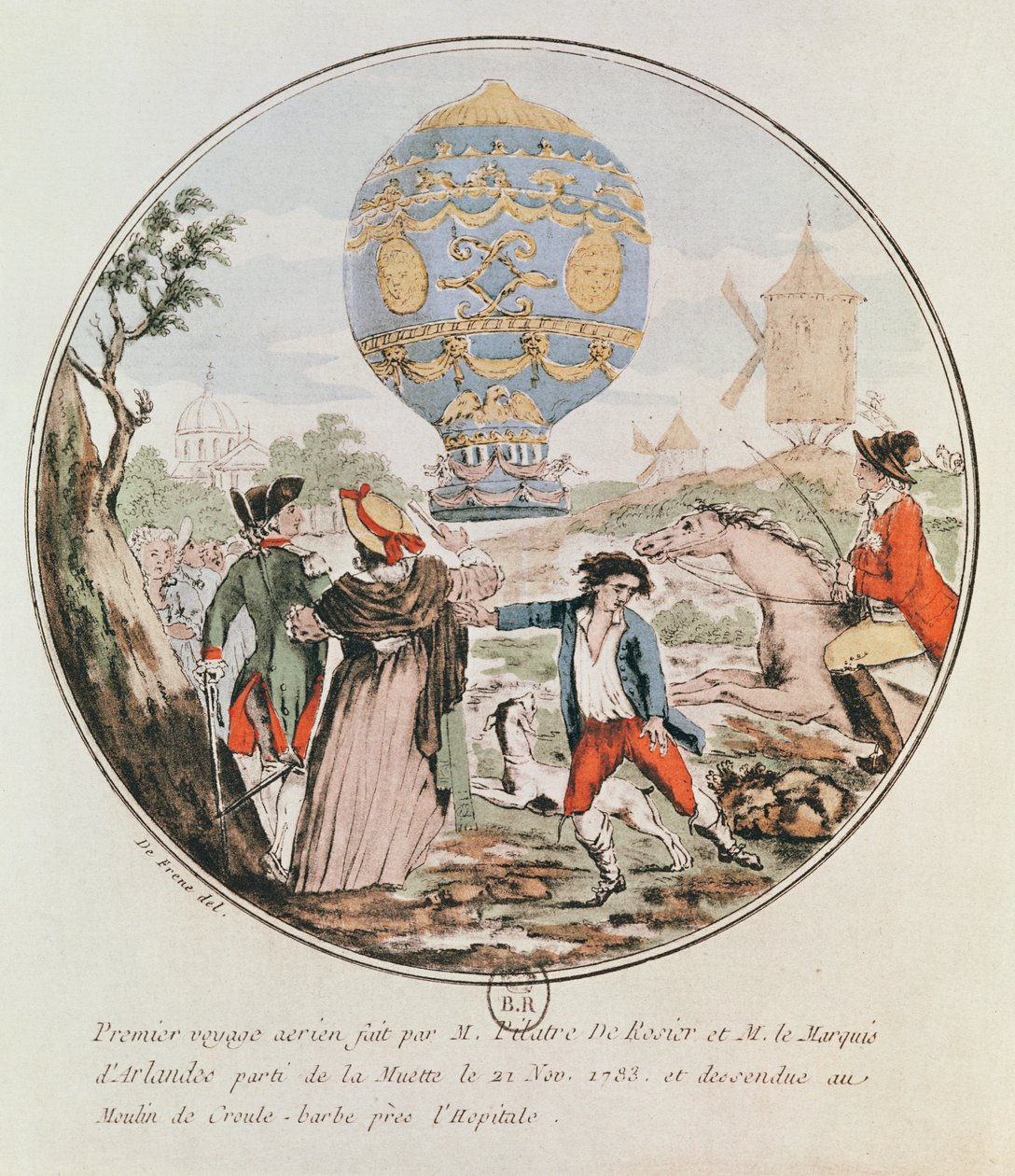 Monsieur Francois Pilatre de Rozier (1754-85) és Arlandes márki (1742-1809) első légi útja Muette-től a Croule-Barbe-i szélmalomig, 1783. november 21. alkotó: De Frene