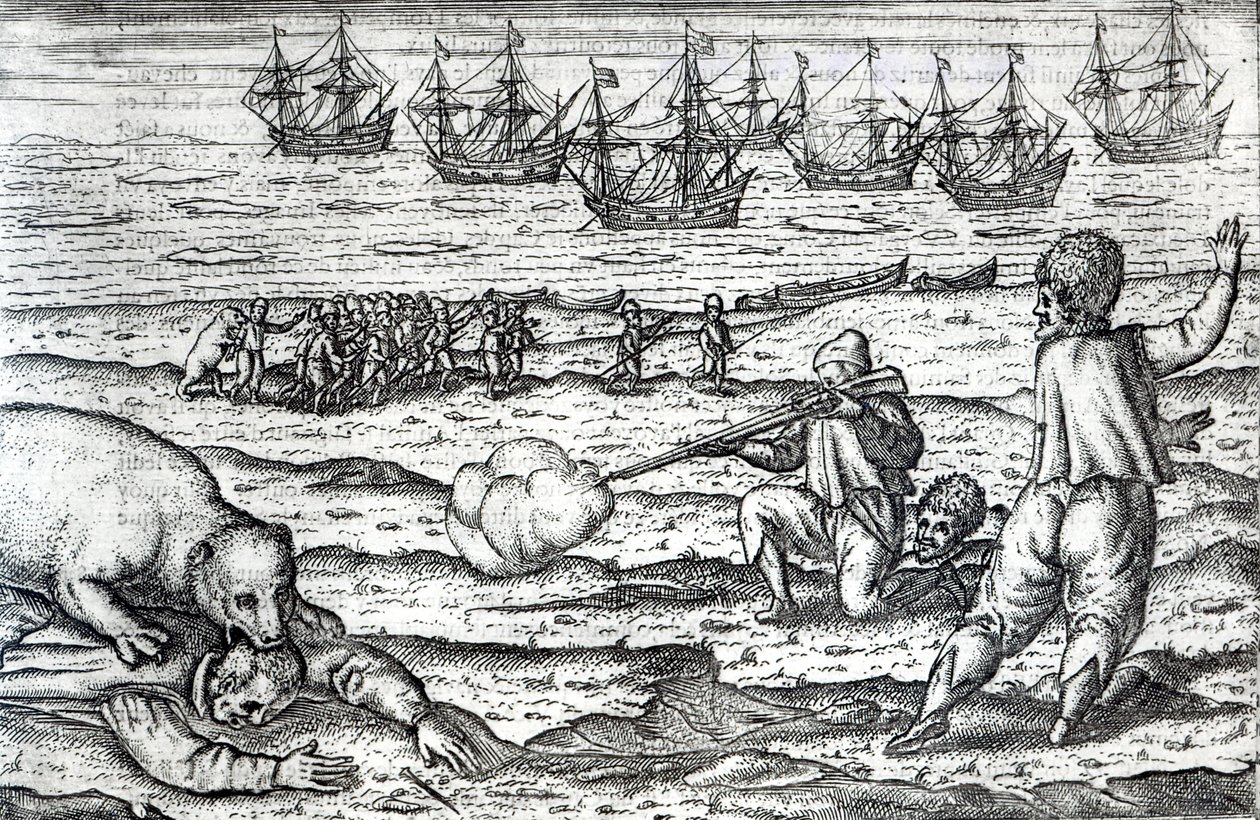 Jegesmedvék által megtámadt tengerészek, illusztráció a „Diarium Nauticumból, avagy három csodálatos utazás igaz leírása...”, Gerrit de Veer, 1598 (metszet) alkotó: Dutch School