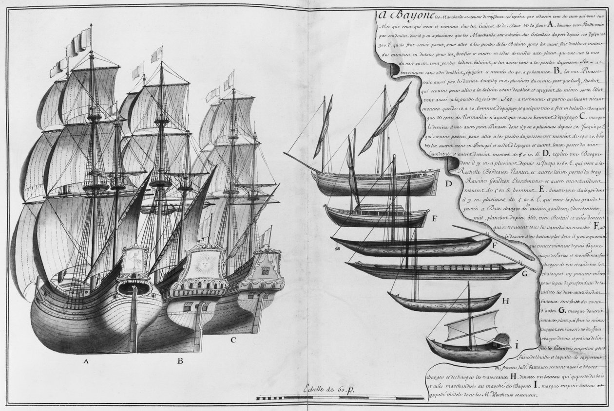 Egy holland bolthajó, pinass néven ismert csónakok és különféle kis csónakok, Bayonne, illusztráció a "Desseins des differentes manieres de ships ... deouis Nantes to Bayonne..." című könyvből, 1679 (ceruza és wc alkotó: French School