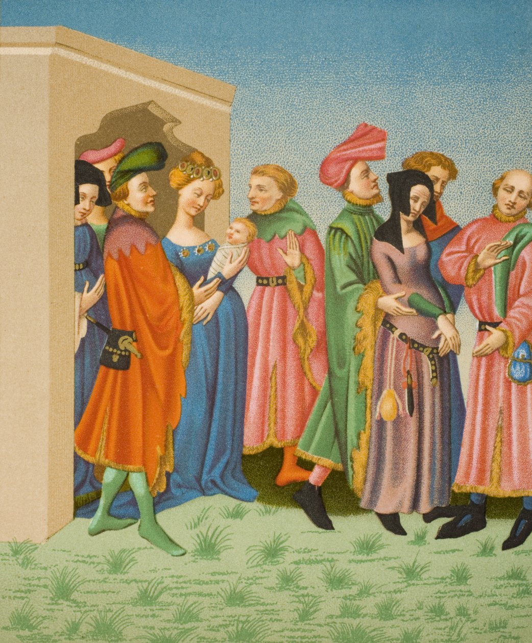 Egy fiatal anya kísérete, VI. Károly király (1368-1422) latin Terence miniatúrája nyomán Paul Lacroix (1806-84) „Le Moyen Age et La Renaissance” című művéből, amely 1847-ben jelent meg. alkotó: French School