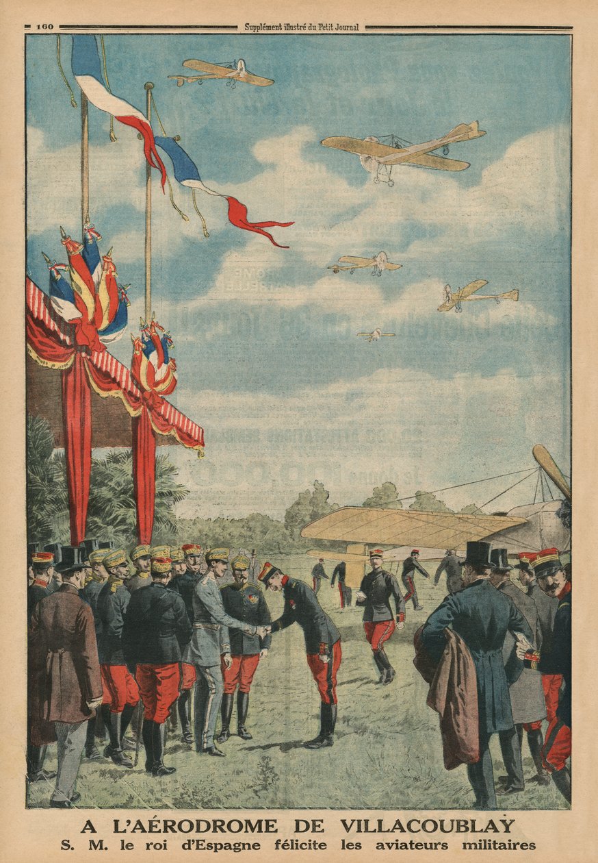 A Villacoublay repülőtéren H. M. Alfonso XIII, Spanyolország királya gratulál a légierő pilótáinak, a hátsó borító illusztrációja a „Le Petit Journal” című folyóiratból, kiegészítő illusztráció, 1913. május 18. alkotó: French School