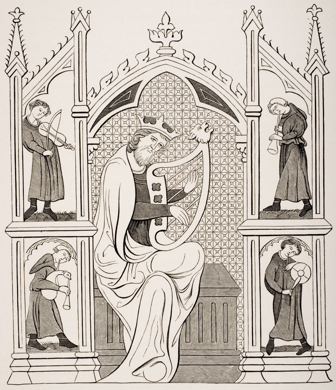 Dávid király lírán játszik négy zenésszel körülvéve, egy kéziratos zsoltár miniatűrje után Paul Lacroix (1806-84) „Le Moyen Age et La Renaissance” című művéből, amely 1847-ben jelent meg. alkotó: French School