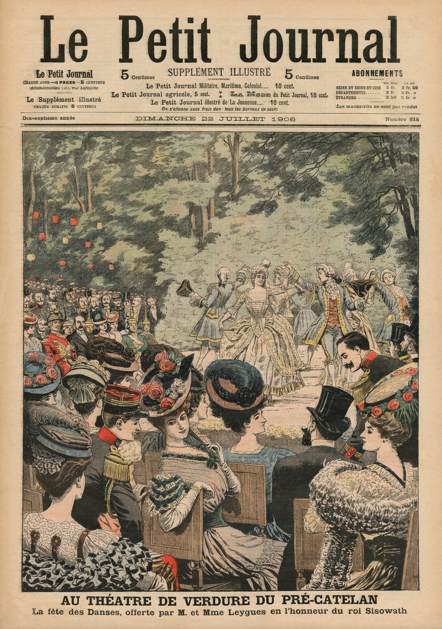 Szabadtéri Színház a Pre-Catelan táncfesztiválon, Georges Leygues bemutatása Sisowath, Kambodzsa királya tiszteletére, a „Le Petit Journal” címlapjának illusztrációja, mellékillusztráció, július 22. alkotó: French School