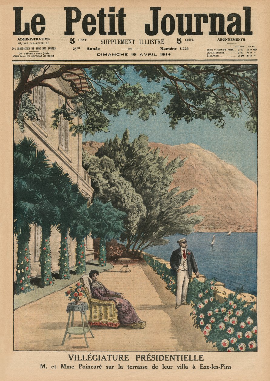 Elnöki szabadság, Monsieur és Madame Poincare az Eze-les-Pins-i villájuk teraszán, címlapillusztráció a "Le Petit Journal" illusztrált mellékletéből, 1914. április 19. alkotó: French School