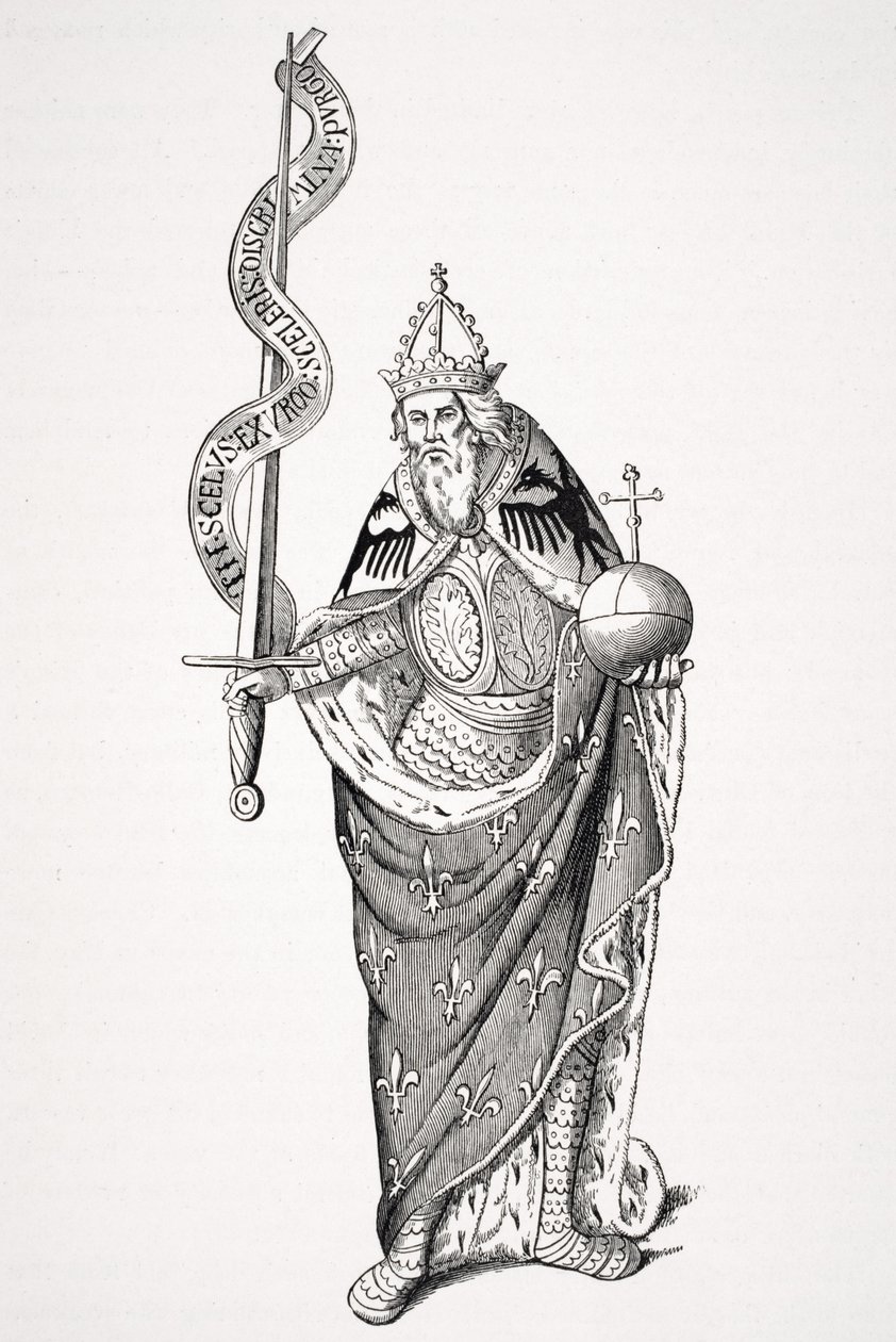 Nagy Károly császár (747-814), aki a Földgömböt és a kardot tartja, a párizsi egyetem anyakönyvében található miniatűr nyomán Paul Lacroix (1806-84) „Le Moyen Age et la Renaissance” című művéből. alkotó: French School