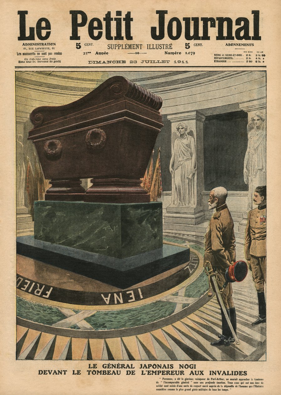 Maresuke Nogi gróf japán tábornok Bonaparte Napóleon császár sírja előtt a párizsi Les Invalides-ban, illusztráció a „Le Petit Journal”-ból, kiegészítő illusztráció, 1911. július 23. alkotó: French School