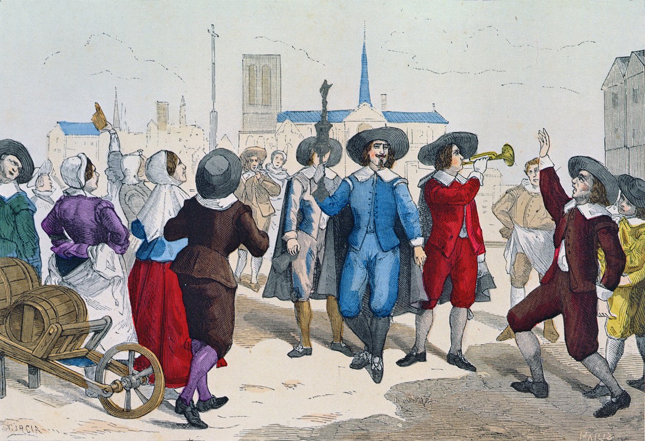 XIII. Lajos idején (1601-43) a borárusok ezüst serleget tartó vezetőjükkel az élen jártak az utcákon, a "Costumes de Paris a Travers les Siecles" (Párizs öltözékei az évszázadok során, szerk. Roy, megjelent 188 alkotó: Garcia