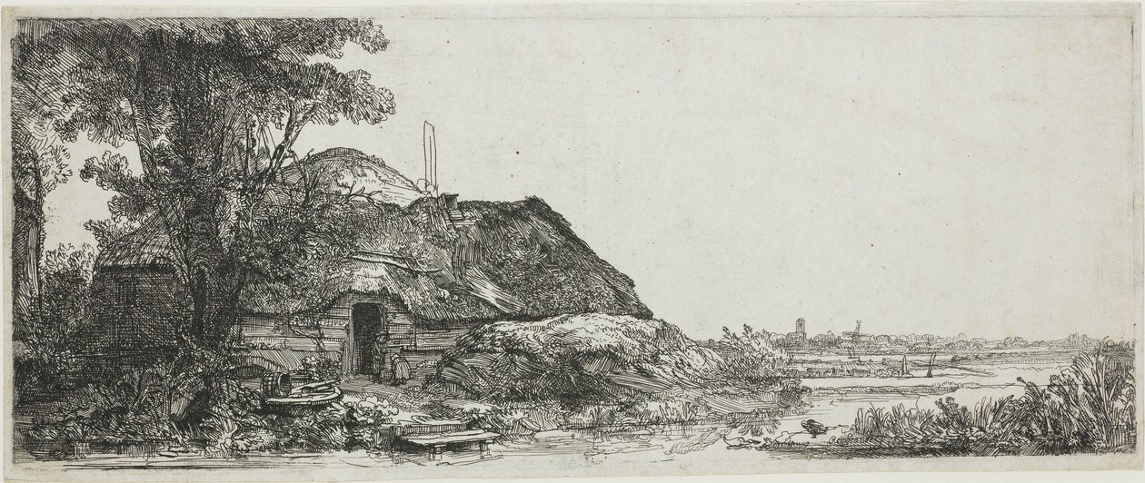 A kunyhó a nagy fa mellett alkotó: Rembrandt van Rijn