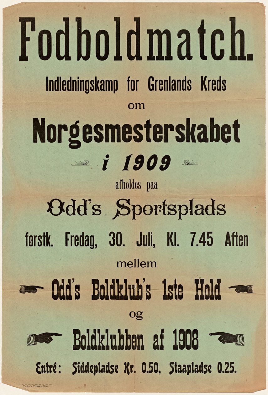 Labdarúgó mérkőzés. Az 1909 -es norvég bajnokság bemutatkozó mérkőzését Grenlands Kreds számára először az Odd