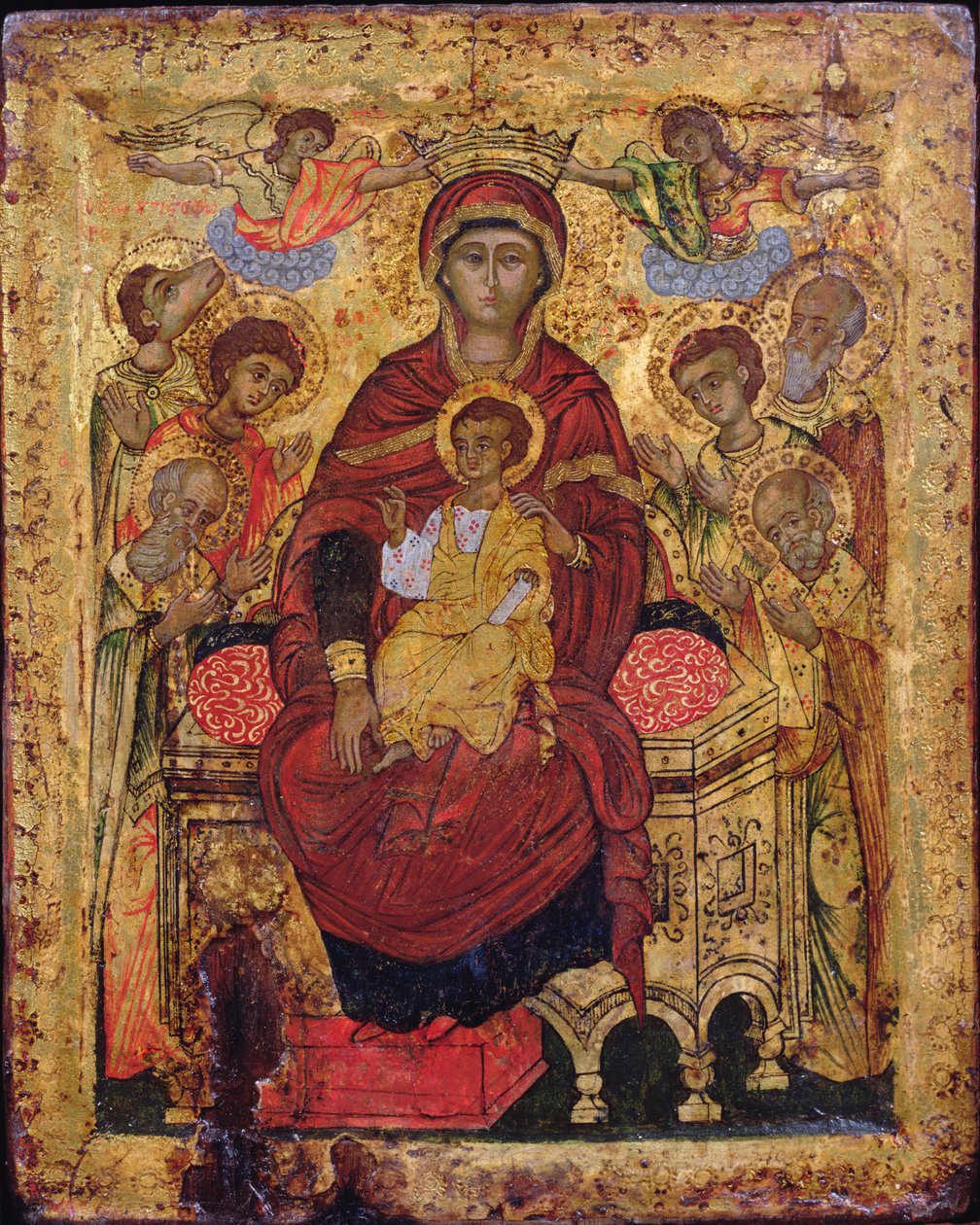 Madonna és gyermek a szentekkel trónol, a görög szigetek ikonja, 18. század eleje (tempera a panelen) alkotó: Unknown