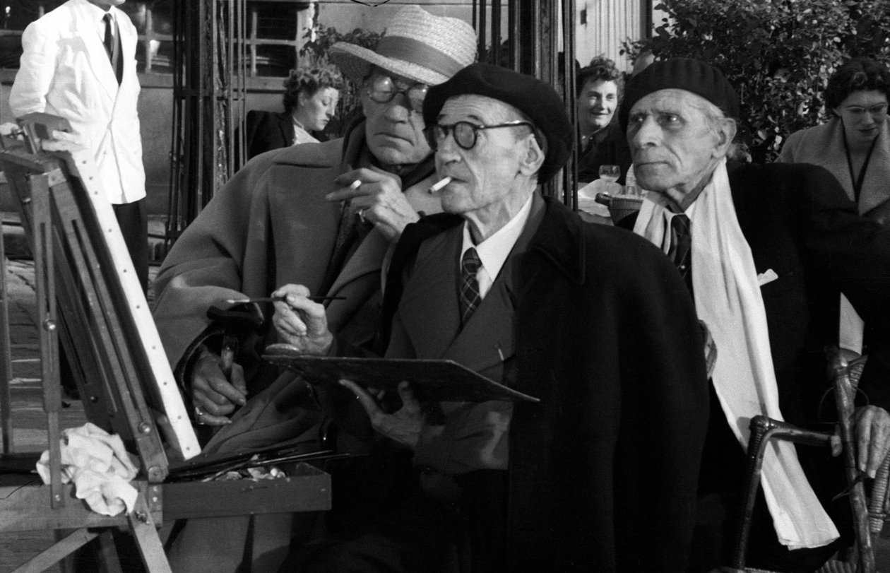 Maurice Utrillo (1883-1955) Festmény a párizsi Montmartre-ban, a Tertre téren, a Sacre Coeur közelében, 1955. október 10. Sacha Guitryval és Paul Forttal, amikor vásznat festett filmhez, ha Párizst mondanák neked alkotó: Unknown