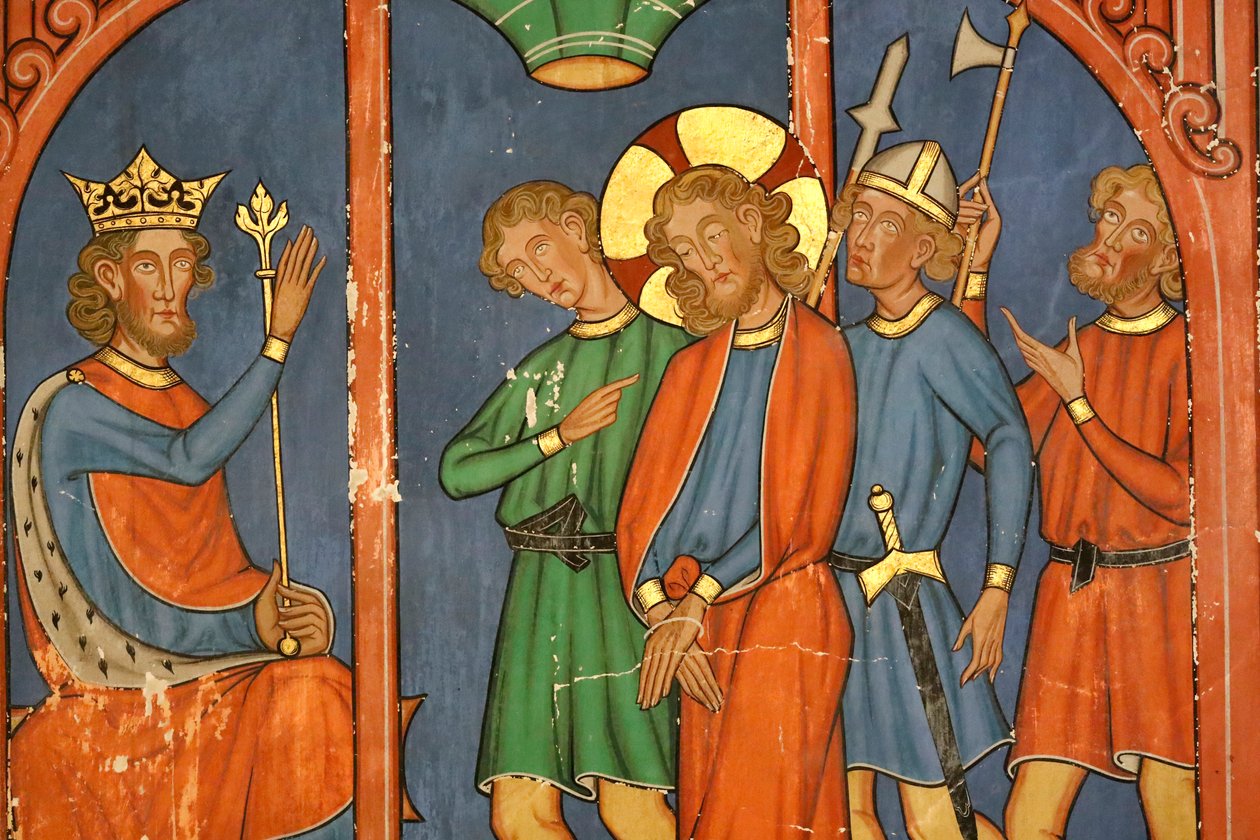 Saint-Pierre-le-Jeune protestáns egyház, Krisztus szenvedése, Jézust elítéli a Szanhedrin, Fresco, Strasbourg, Franciaország. alkotó: Unknown