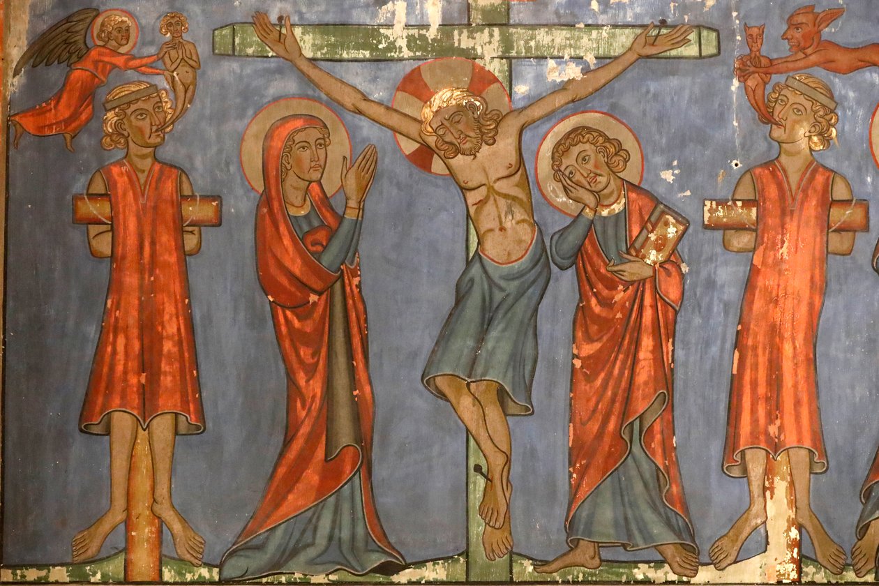 Saint-Pierre-le-Jeune protestáns templom, a keresztre feszítés, Jézus a kereszten, freskó, Strasbourg, Franciaország. alkotó: Unknown