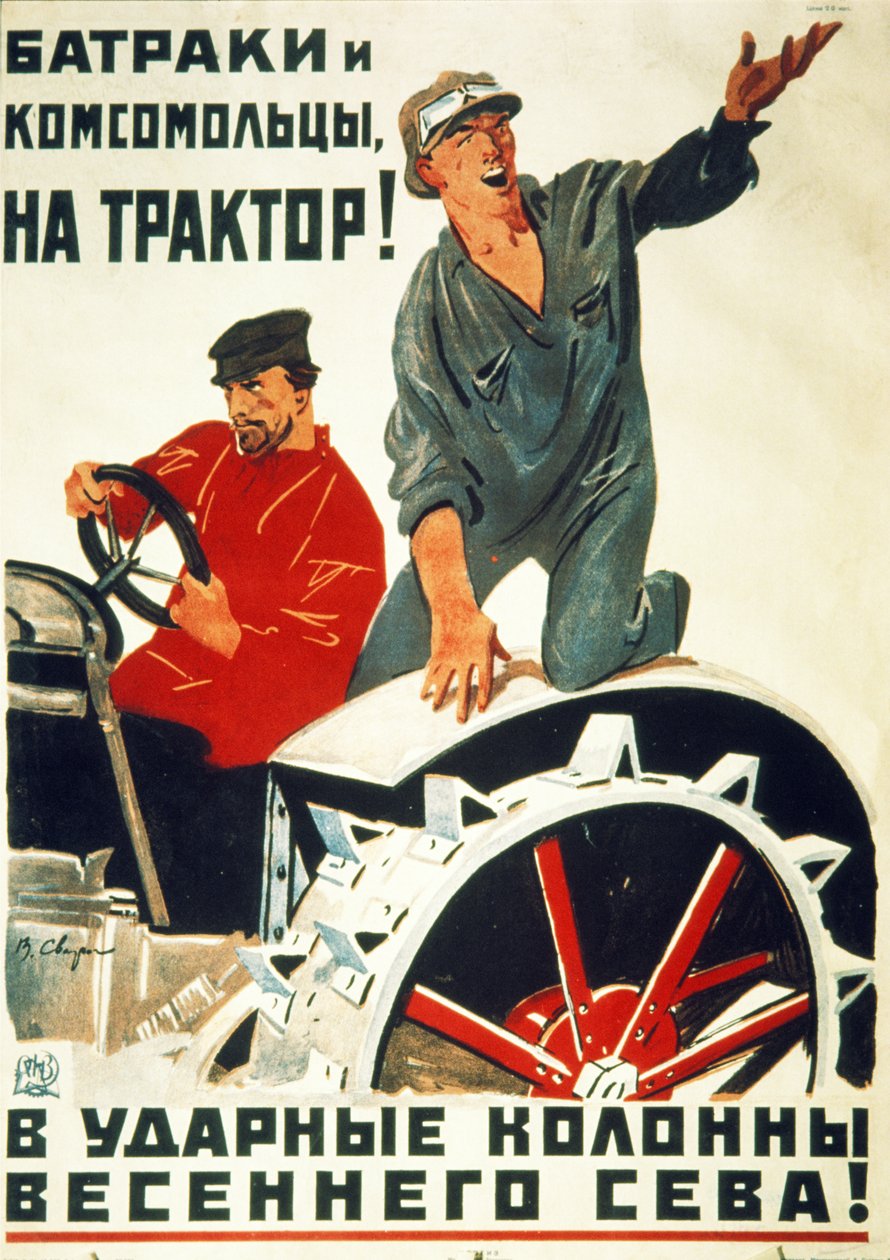 Szovjet propagandaplakát az 1930-as évekből, napszámosok és fiatal kommunisták – Csatlakozzon a Traktorsokk-brigádokhoz a tavaszi vetésért!. alkotó: Unknown