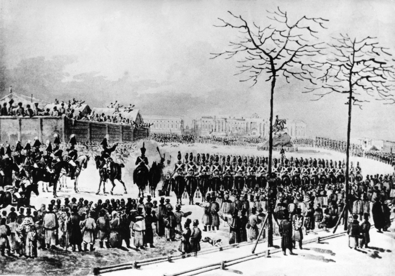A decemberi felkelés, 1825, Szenátus tér, Szentpétervár, Oroszország, I. Miklós cár ágyúkat rendelt a lázadókra, 1825. december 14., K, Kolman régi akvarelljéről. alkotó: Unknown