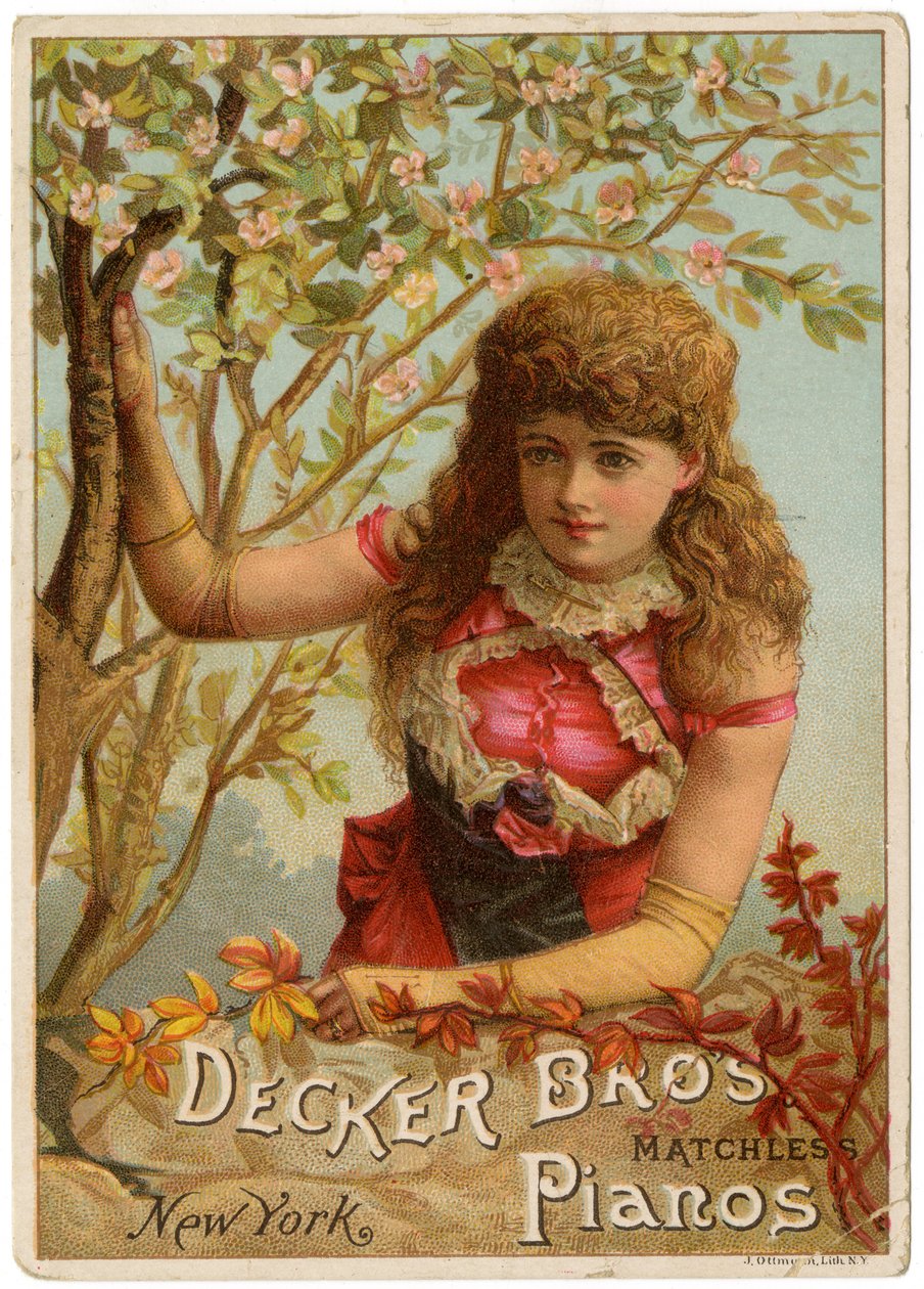 Decker Bros. Matchless Pianos, New York [trade card recto] (színes litho [kereskedelmi kártya]) alkotó: American School