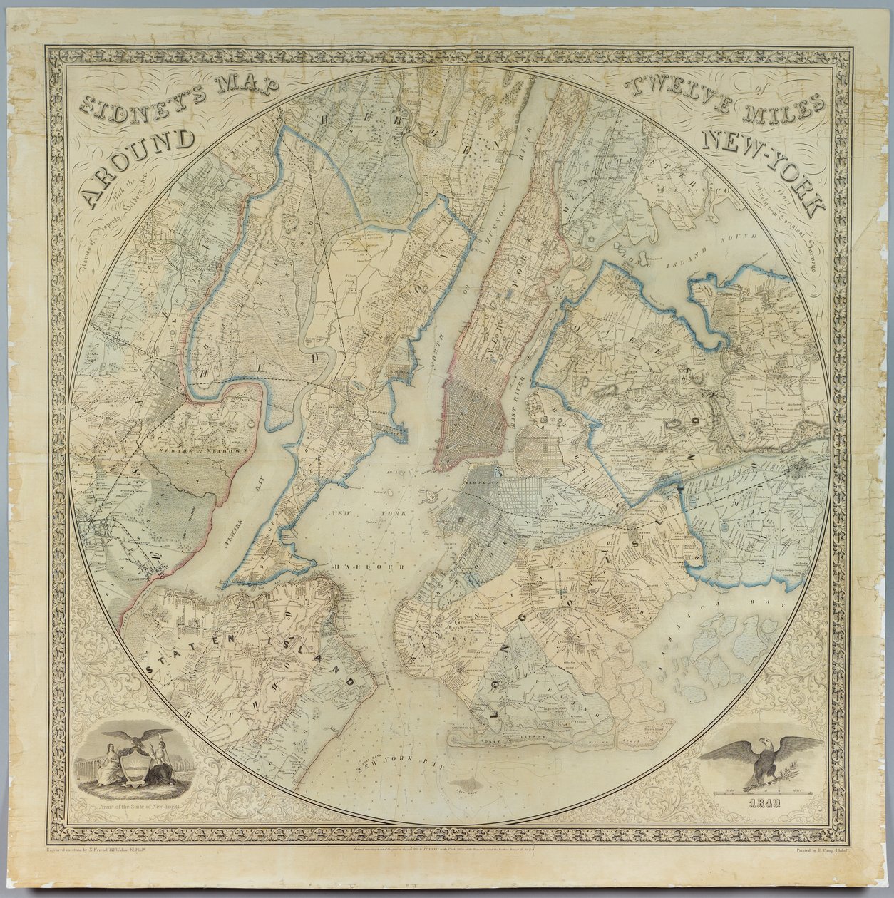 Sidneys térkép 12 mérföld körül New York körül, Norman Friend litográfiája (fl.1850-1871), nyomta: John Henry Camp (1822-1881), 1849 (kromolitográfia) alkotó: American School