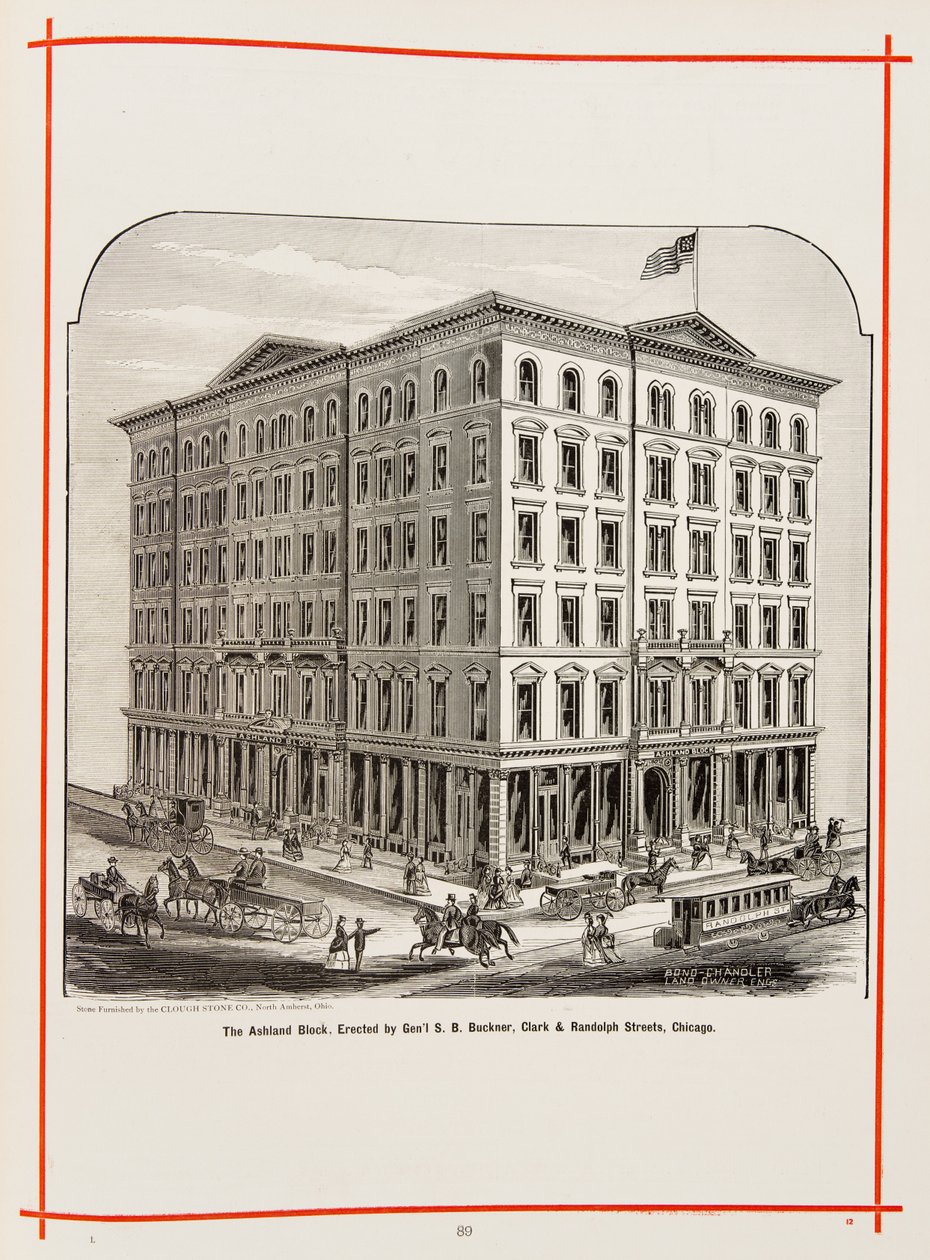 The Ashland Block at Clark and Randolph Streets, Chicago, Illusztráció: The Merchants and Manufacturers of Chicago Illustrated, 1873 alkotó: American School