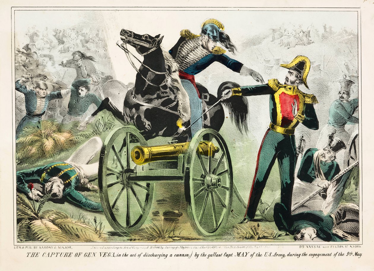 Vega tábornok elfogása egy ágyú kilövése közben, az amerikai hadsereg vitéz May kapitánya által, május 9-i csatában, 1846. évi pub. (kézzel színezett litho) alkotó: American School