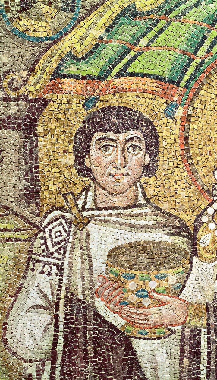 Theodora császárné két lelkészből és hét nőből álló udvarával, i.sz. 547 körül (mozaik) (220592 részlet) alkotó: Byzantine School
