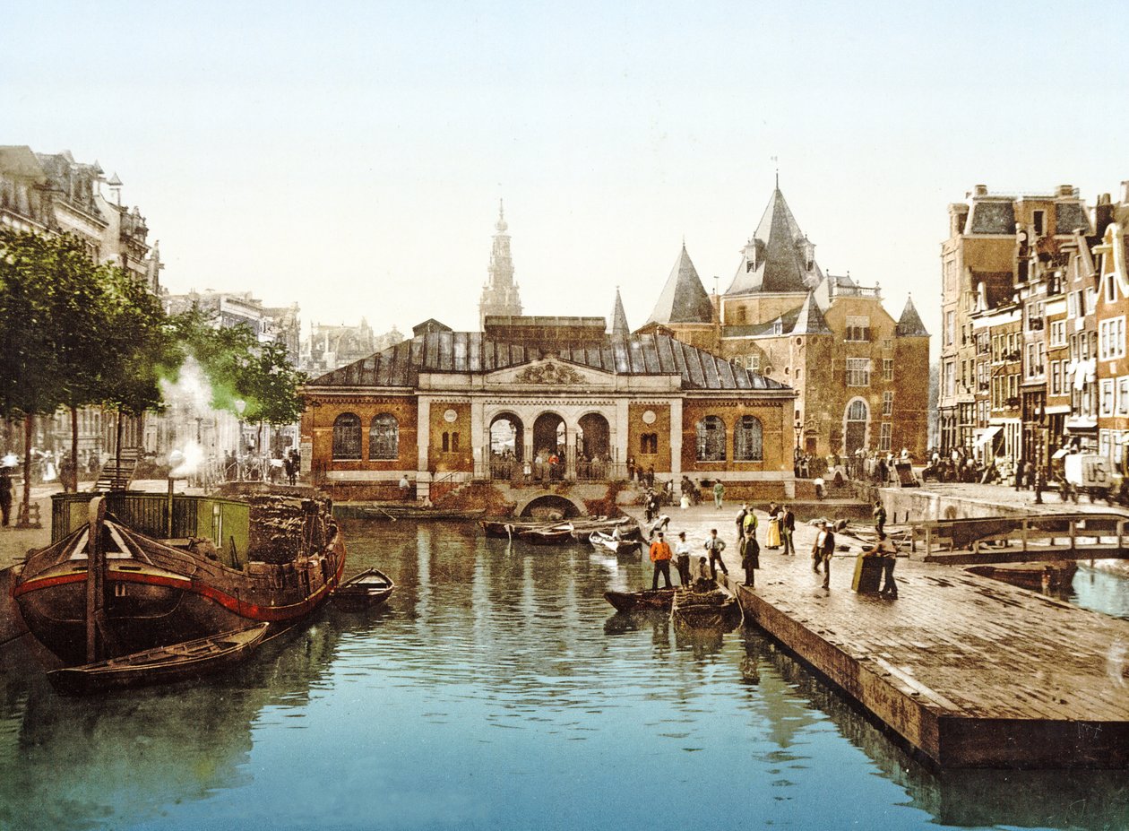 Fishmarket and Bourse, Amszterdam, Hollandia, pub.c. 1900 (kromolirográfia) alkotó: Dutch Photographer