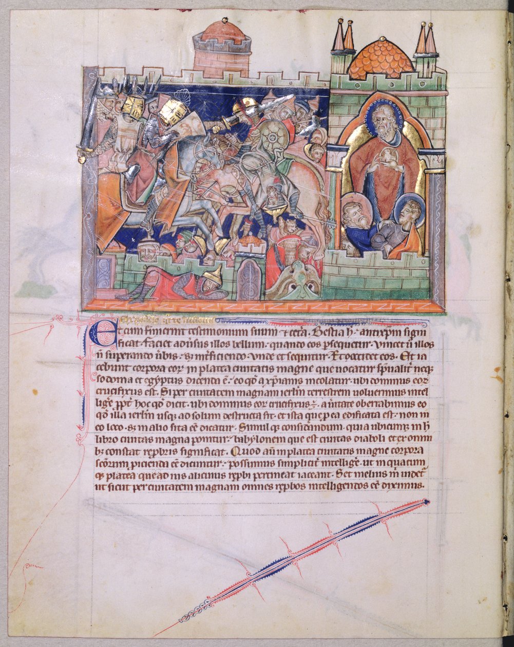 Ms L.A. 139-Lisboa fol. 26v Isten Templomát megőrzik, miközben a Nemzetek hadserege 42 hónapig pusztítja az udvart, a Gulbenkian Apokalipszistől, 1265-70 körül alkotó: English School