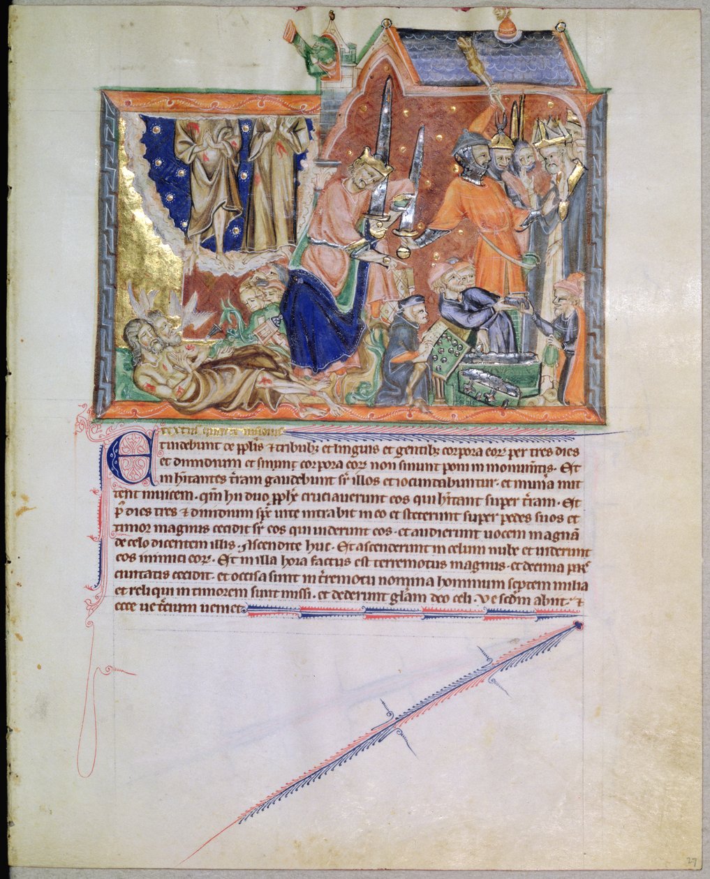 Ms L.A. 139-Lisboa fol.27 A tanúkat temetetlenül hagyják, és lelkük a mennybe száll, a gulbenki apokalipszisből, 1265-70 körül alkotó: English School
