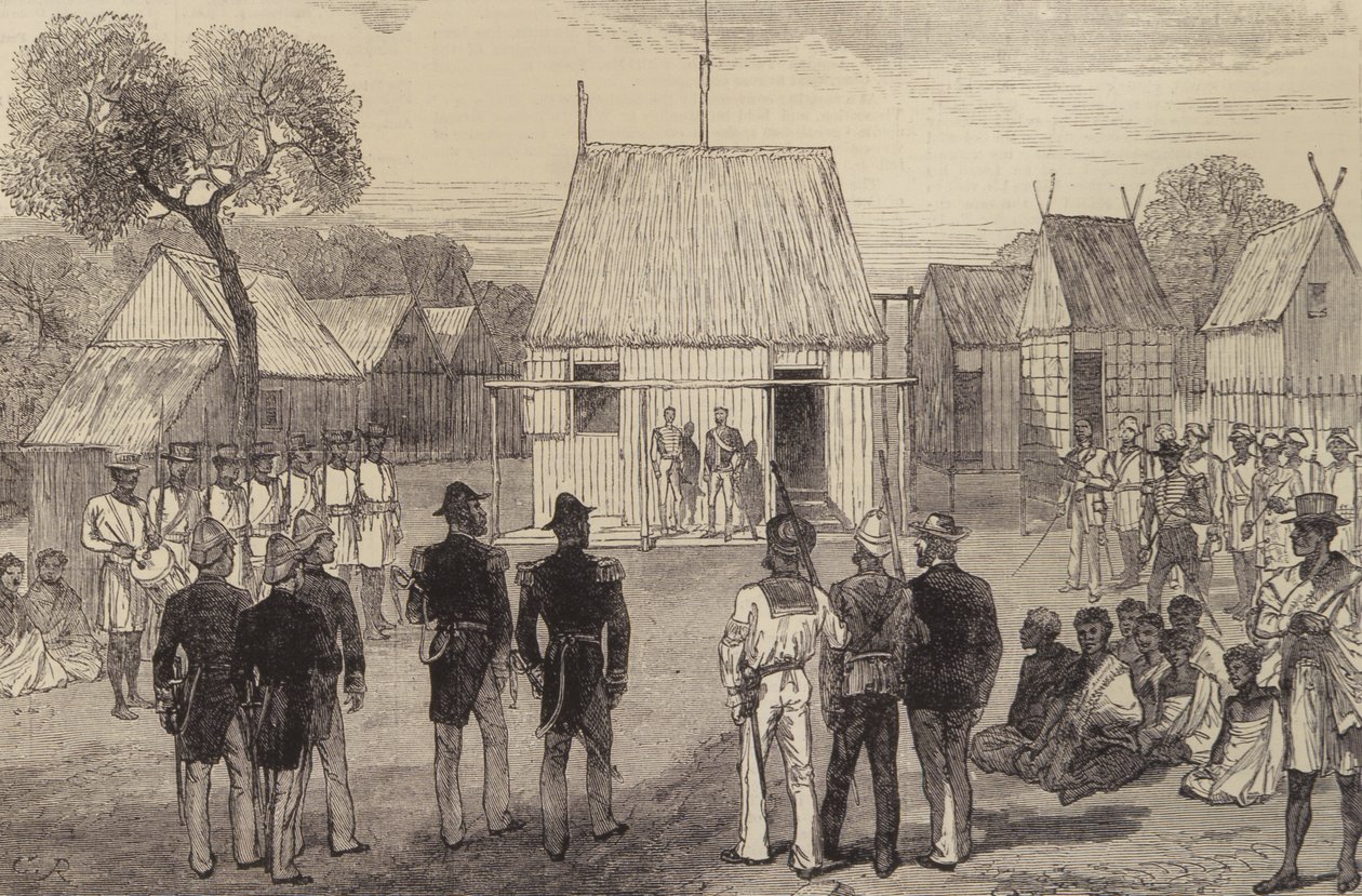A brit haditengerészeti tisztek fogadása Mohabo bennszülött kormányzója által, Madagaszkáron a The Illustrated London Newsból, 1881. november 26. alkotó: English School