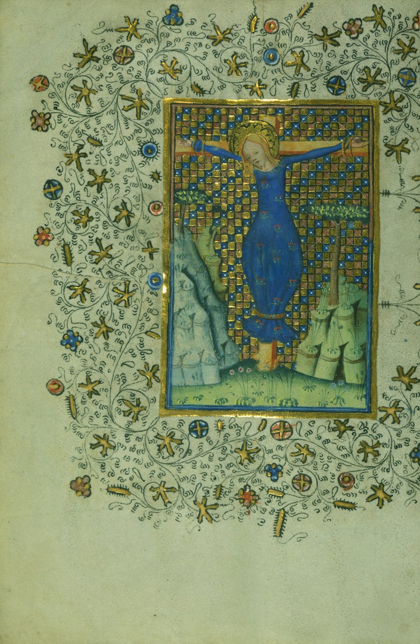 Szent Wilgefortis a kereszten, 1430-40 körül (tinta pergamenen) alkotó: Flemish School