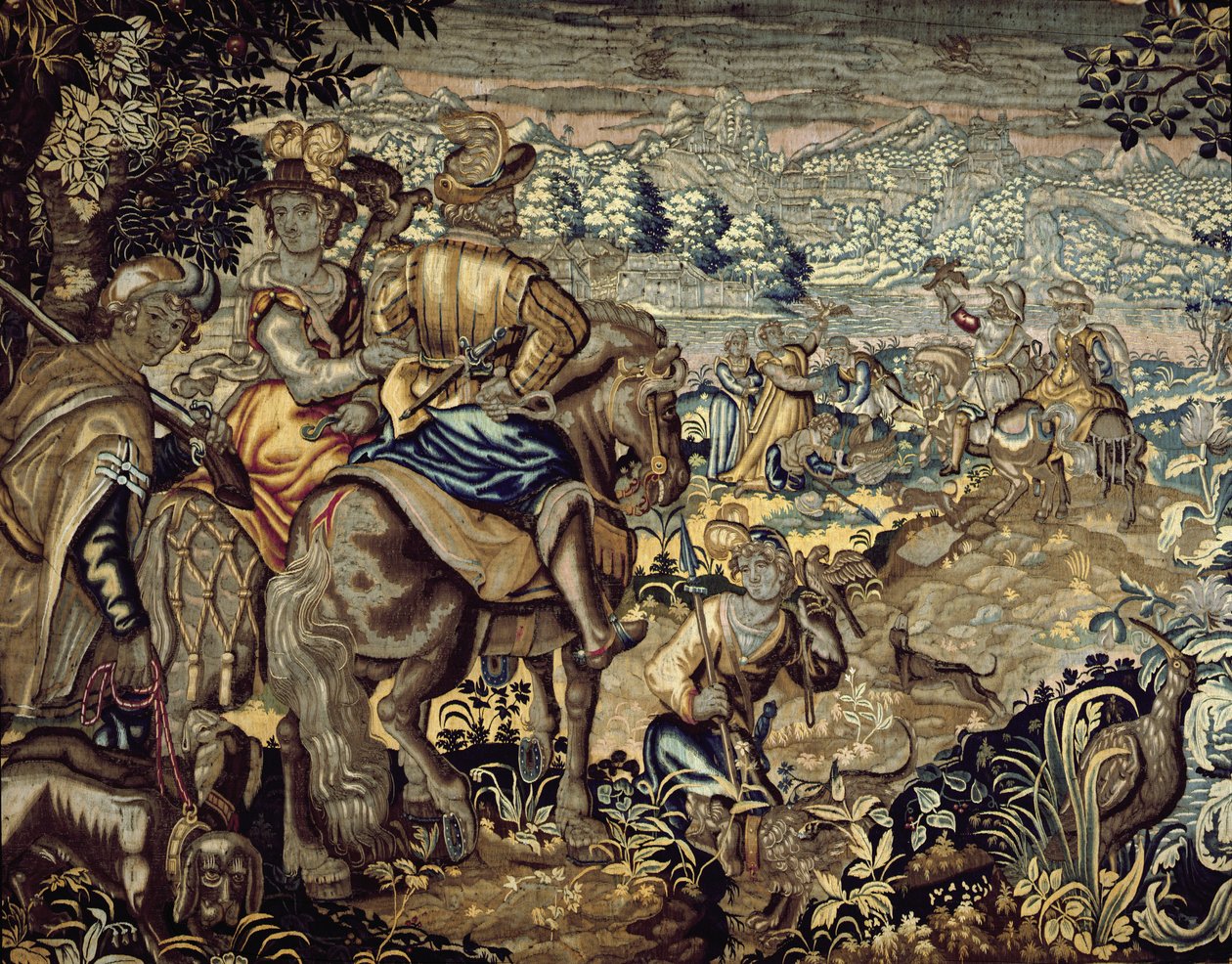Solymászati jelenetet ábrázoló kárpit (hímzés) alkotó: Flemish School