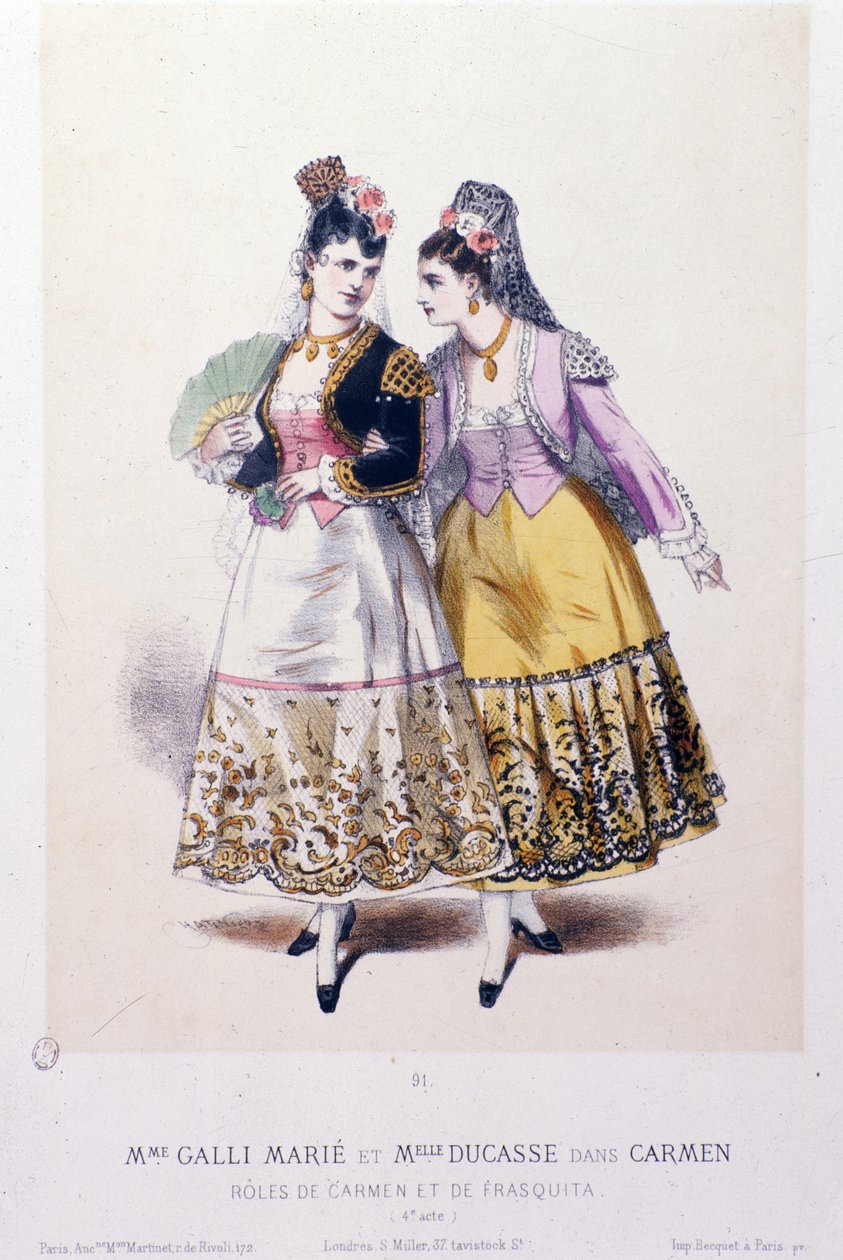 Marie Galli (Carmen) és Ducasse kisasszony (Frasquita) jelmezei a Georges Bizet Carmenében alkotó: French School