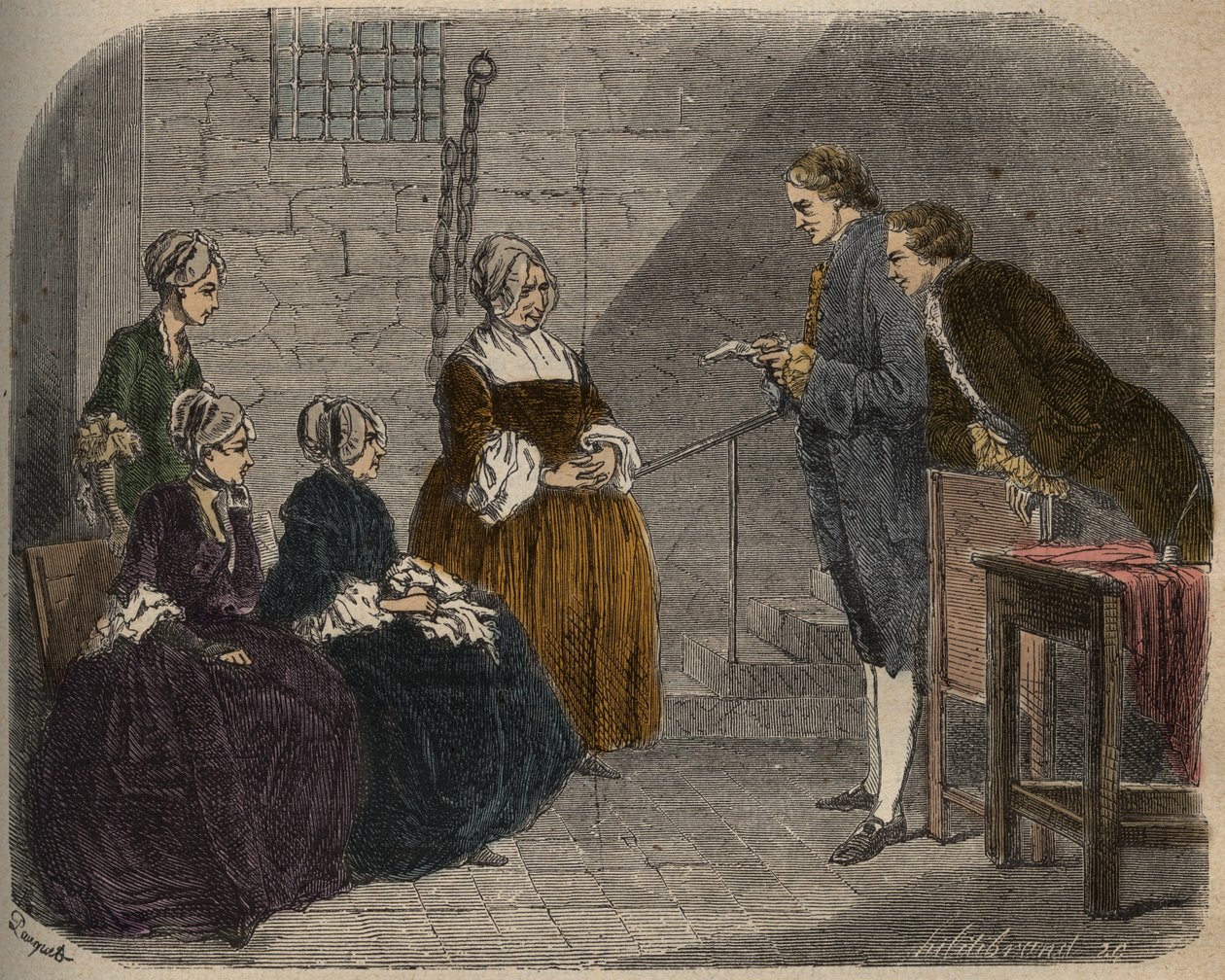 Madam Calas két lányával hallgatja férje, Jean perének ítéletét, illusztrációját Armand Fouquier, 1858-67 Causes celebres de tous les les peuples című művéből. alkotó: French School
