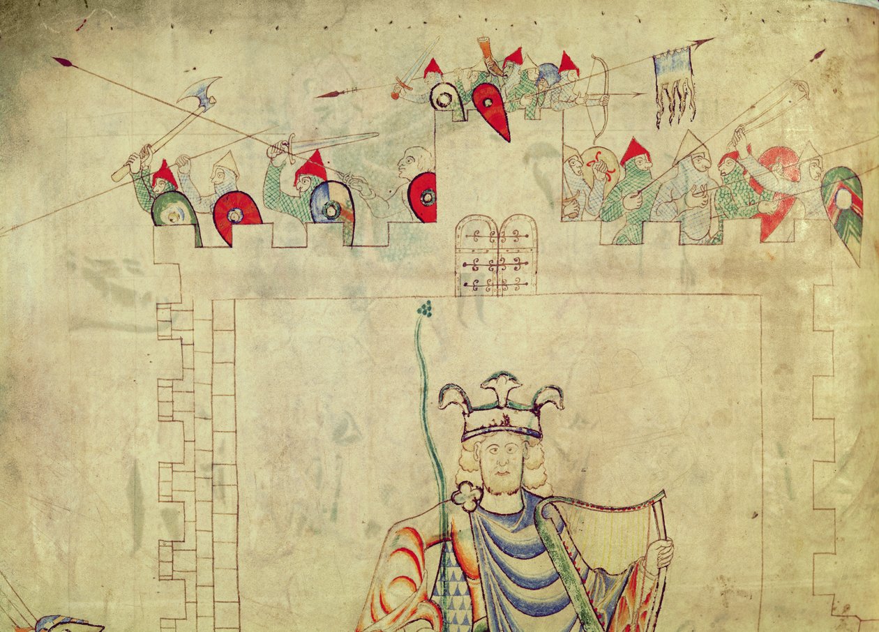 Ms 1215 t.3 fol.13v Dávid király a Majestyban ül Jeruzsálem központjában, részlet a katonákról a sáncokon, St. Etienne Harding Bibliájából alkotó: French School