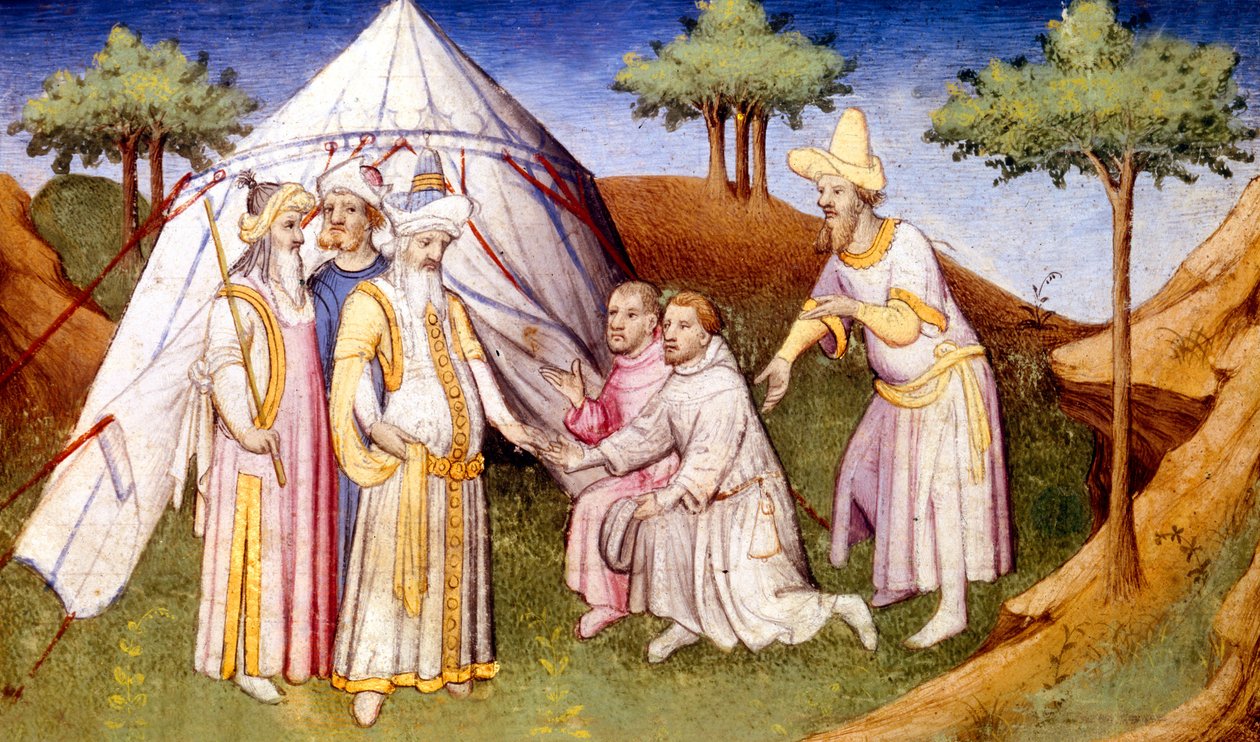 Ms Fr 2810 f.2v, Kublai Khan, üdvözölték a Polo testvérek, A világ csodáinak könyvéből, 1410-12 körül (tempera pergamen) alkotó: French School