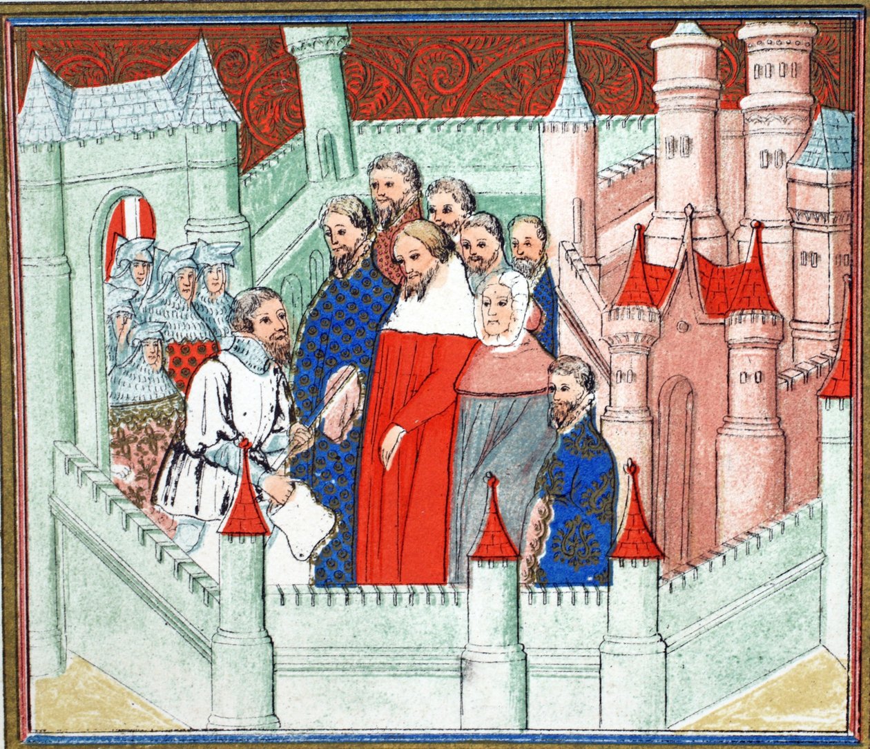 II. Richárd a Flint kastélyban, ahol foglyul ejtették Bolingbroke-nak, a trón riválisának, fakszimile másolata Jean Creton Le Prinse et Mort du Roy Richart-jából, újranyomva 19. század (színes alkotó: French School