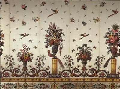 Textil klasszikus vázákkal és urnákkal, virágokkal és paradicsommadarakkal, Cousin and Bony, Bissardon, Lyon, 1811 (hímzett szatén) alkotó: French School