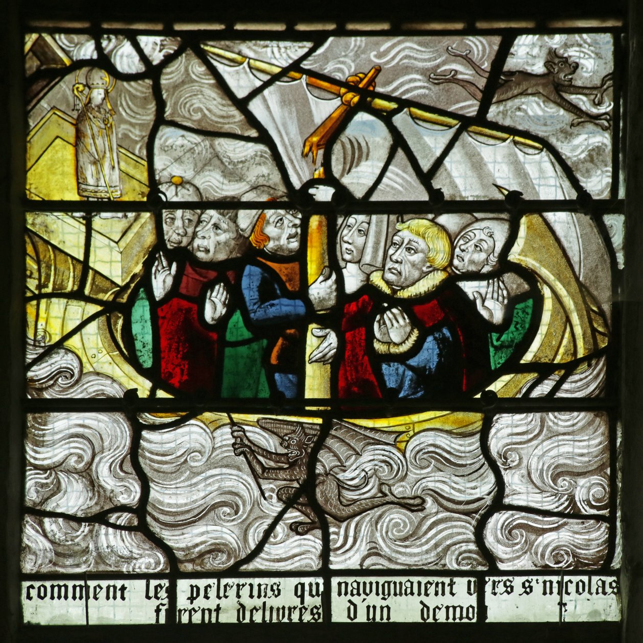 Ablak, amely Szent Miklóst ábrázolja, amint a hajójuk elsüllyedése közben megmenti az utazókat, 1460-1470 alkotó: French School