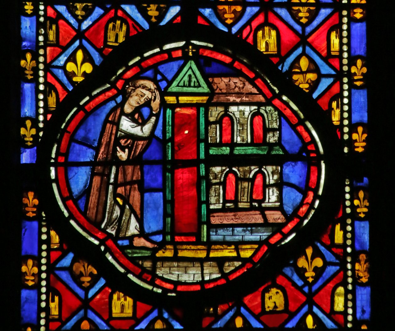 Theophilust ábrázoló ablak, amely templomot épít alkotó: French School