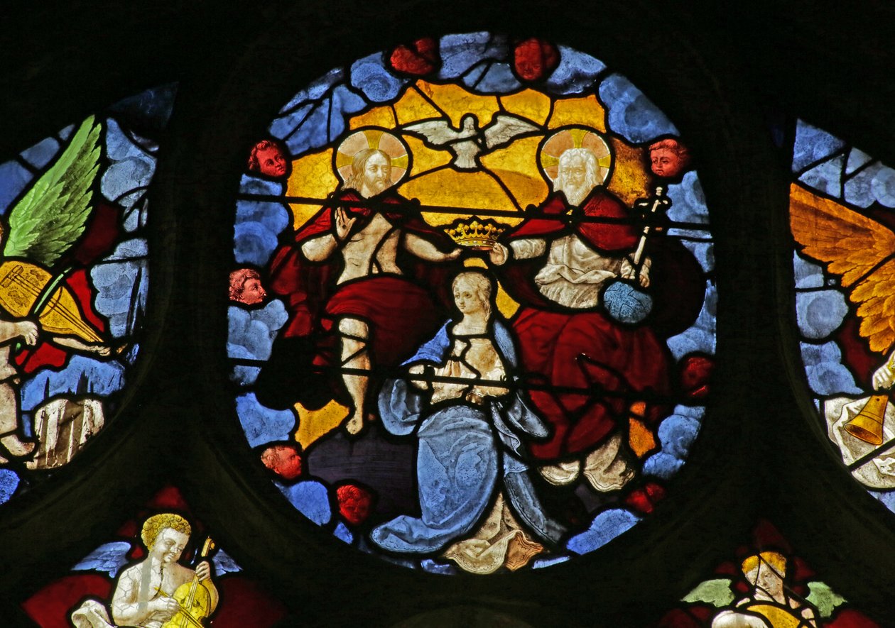 A Szűzanya Szentháromság általi koronázását ábrázoló ablak, 1495 körül alkotó: French School