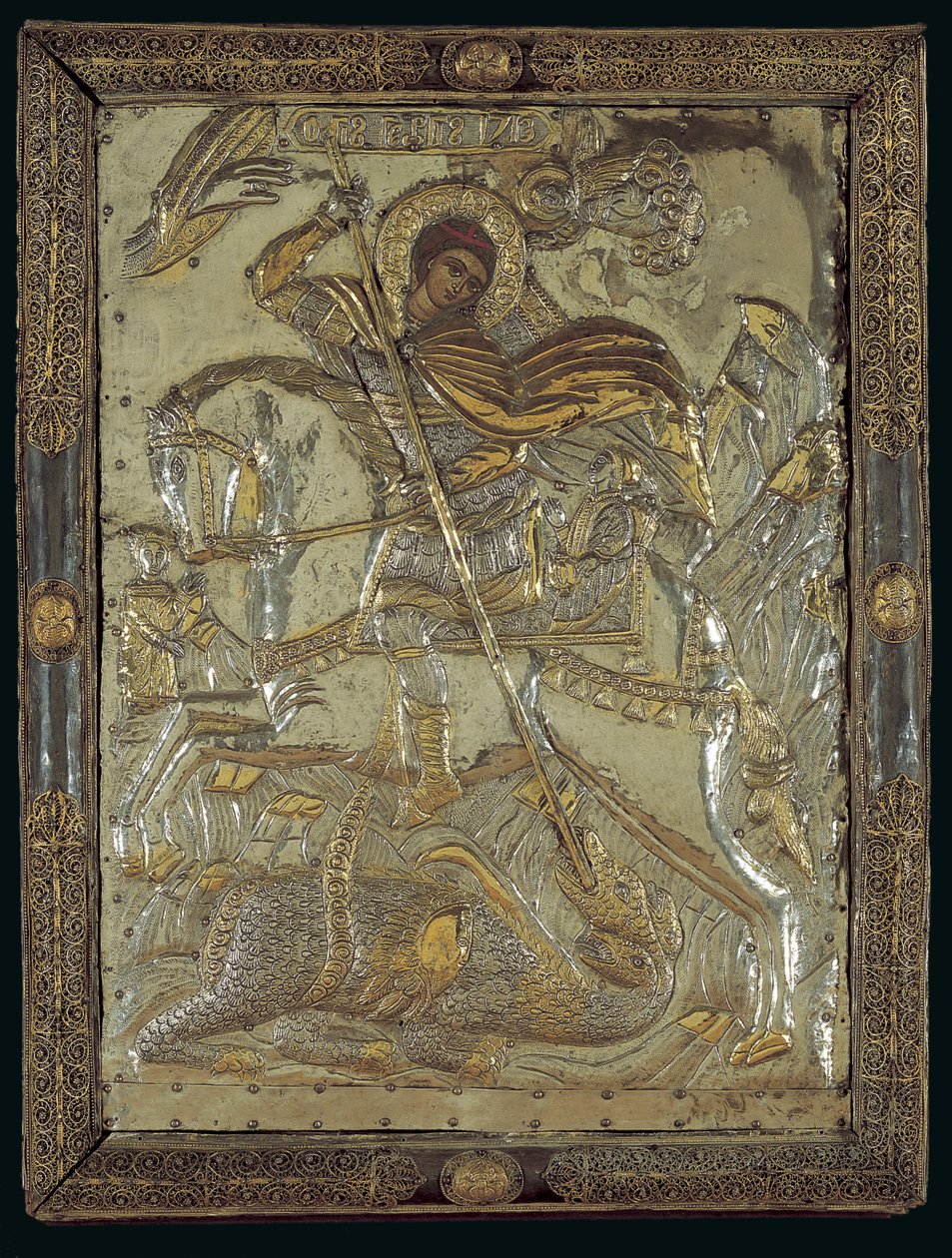 Háromfejű sárkányt megölő Szent György ikon, 1713 (ezüst-aranyozott fán) alkotó: Greek School