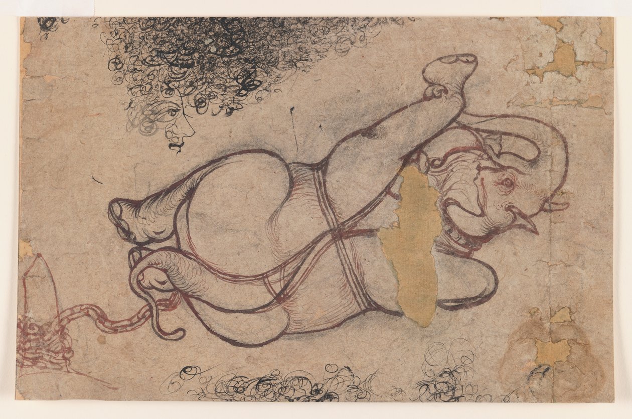 Elefánt láncban, 1780 körül (piros és fekete a papíron) alkotó: Indian School